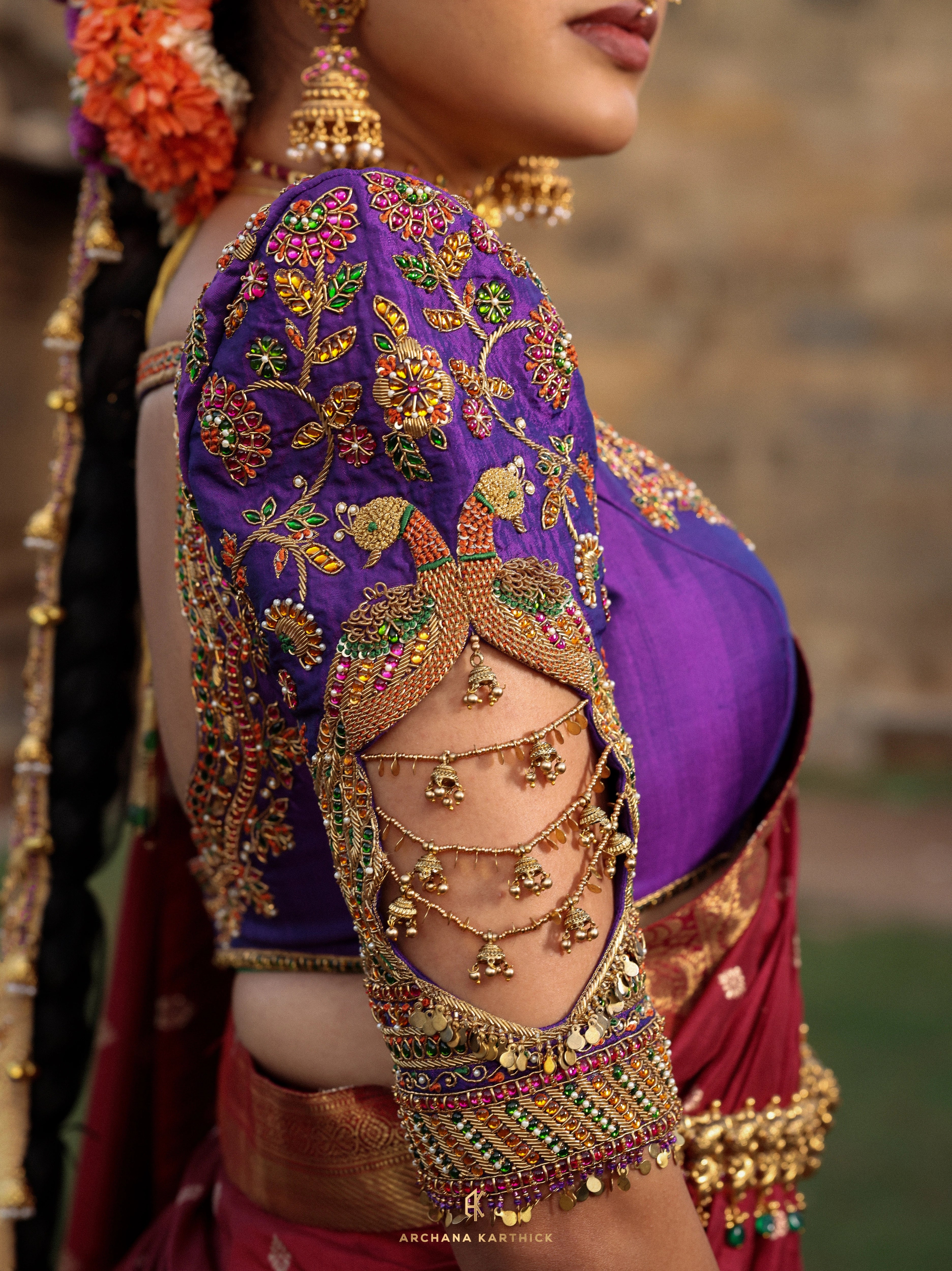"Lokamahadevi" - Red, Purple & Maroon Kanjeevaram Silk Half Saree