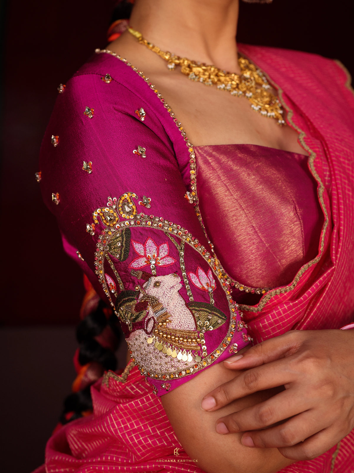"Jaathimalli" - Pink & Orange Silk Half Saree