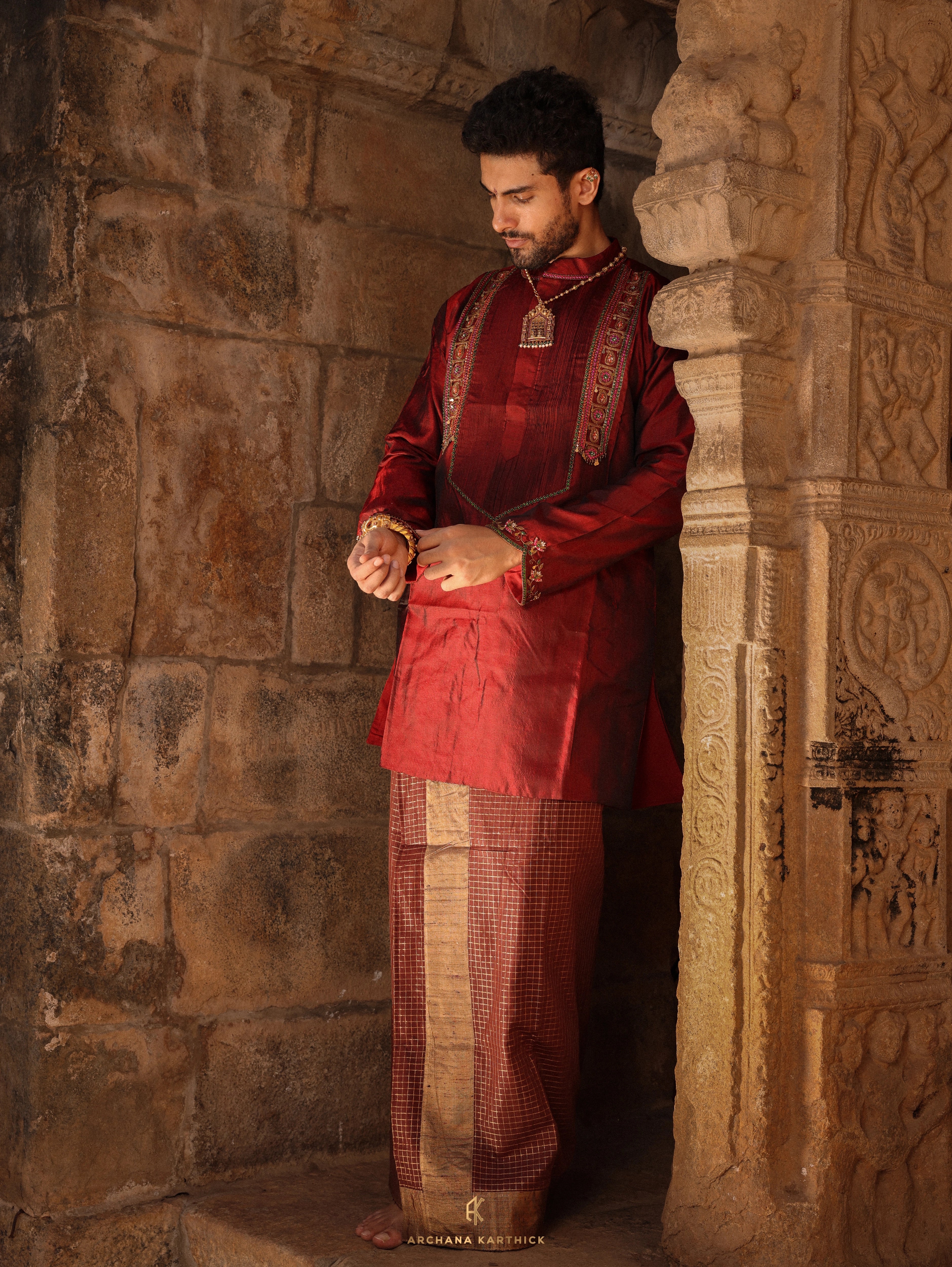 "Veerabadra" - Maroon & Gold Silk Kurta Veshti Set for Men