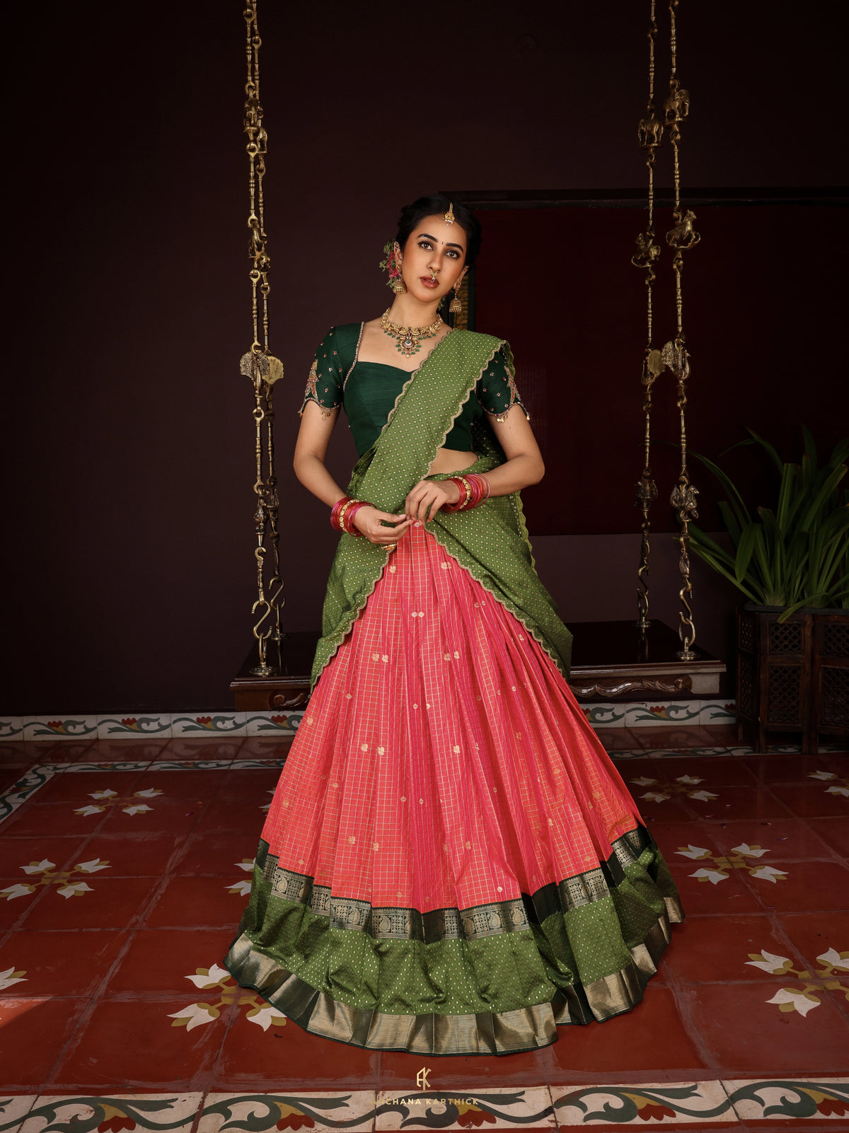 "Sembaruthi" - Green & Pink Silk Half Saree