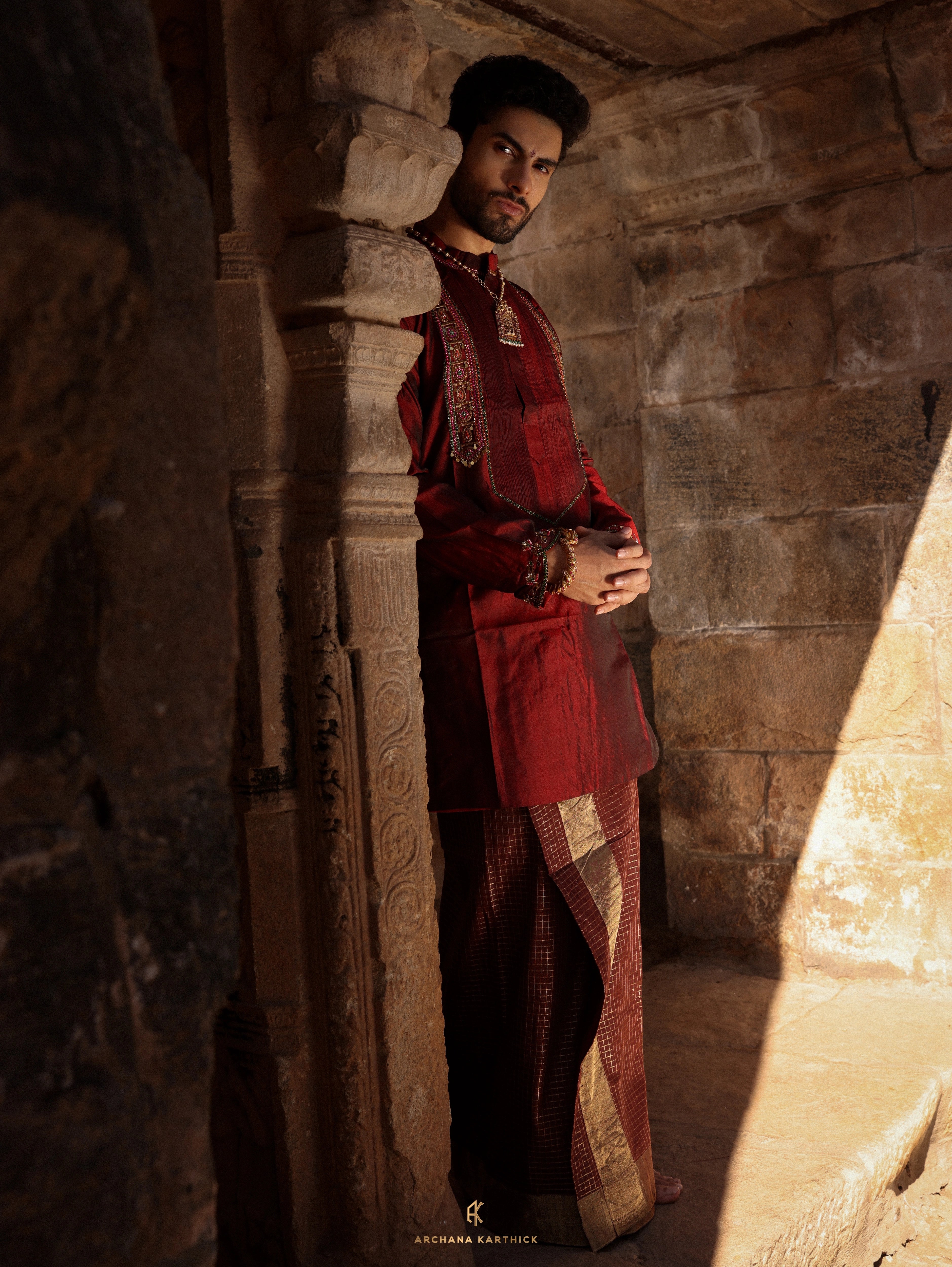 "Veerabadra" - Maroon & Gold Silk Kurta Veshti Set for Men