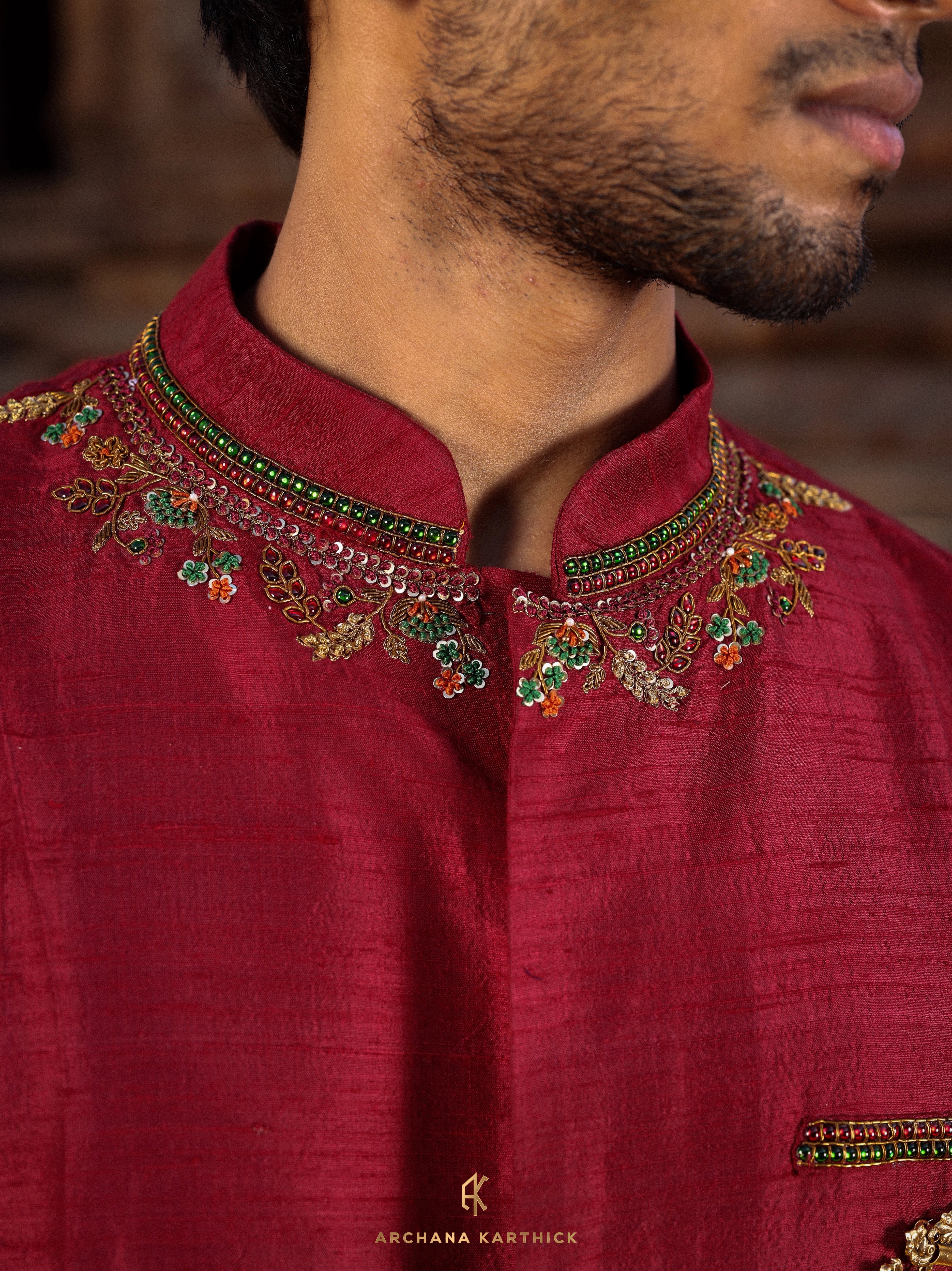 "Gandaraditya" - Maroon Raw Silk Kurta Set for Men