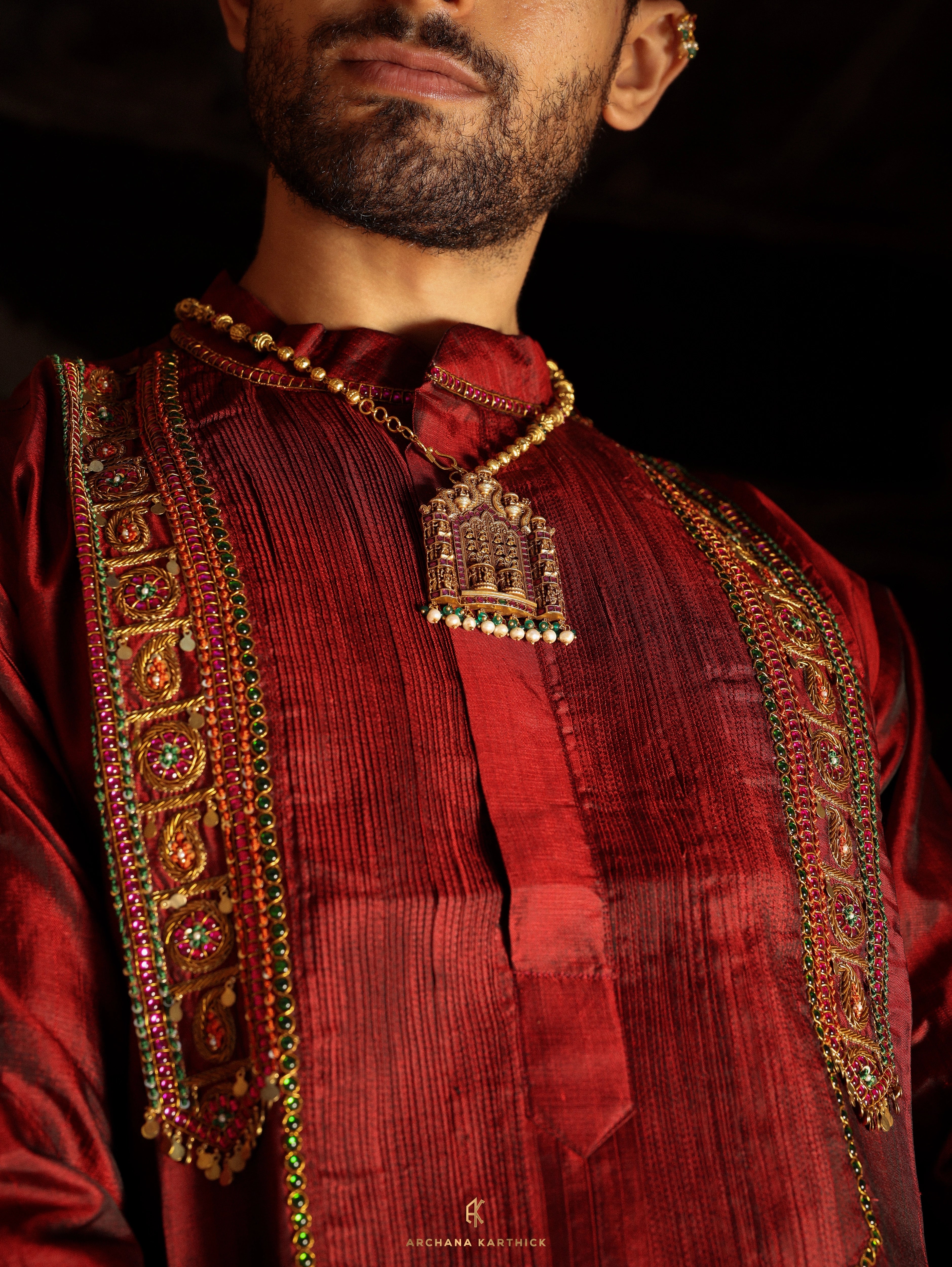 "Veerabadra" - Maroon & Gold Silk Kurta Veshti Set for Men