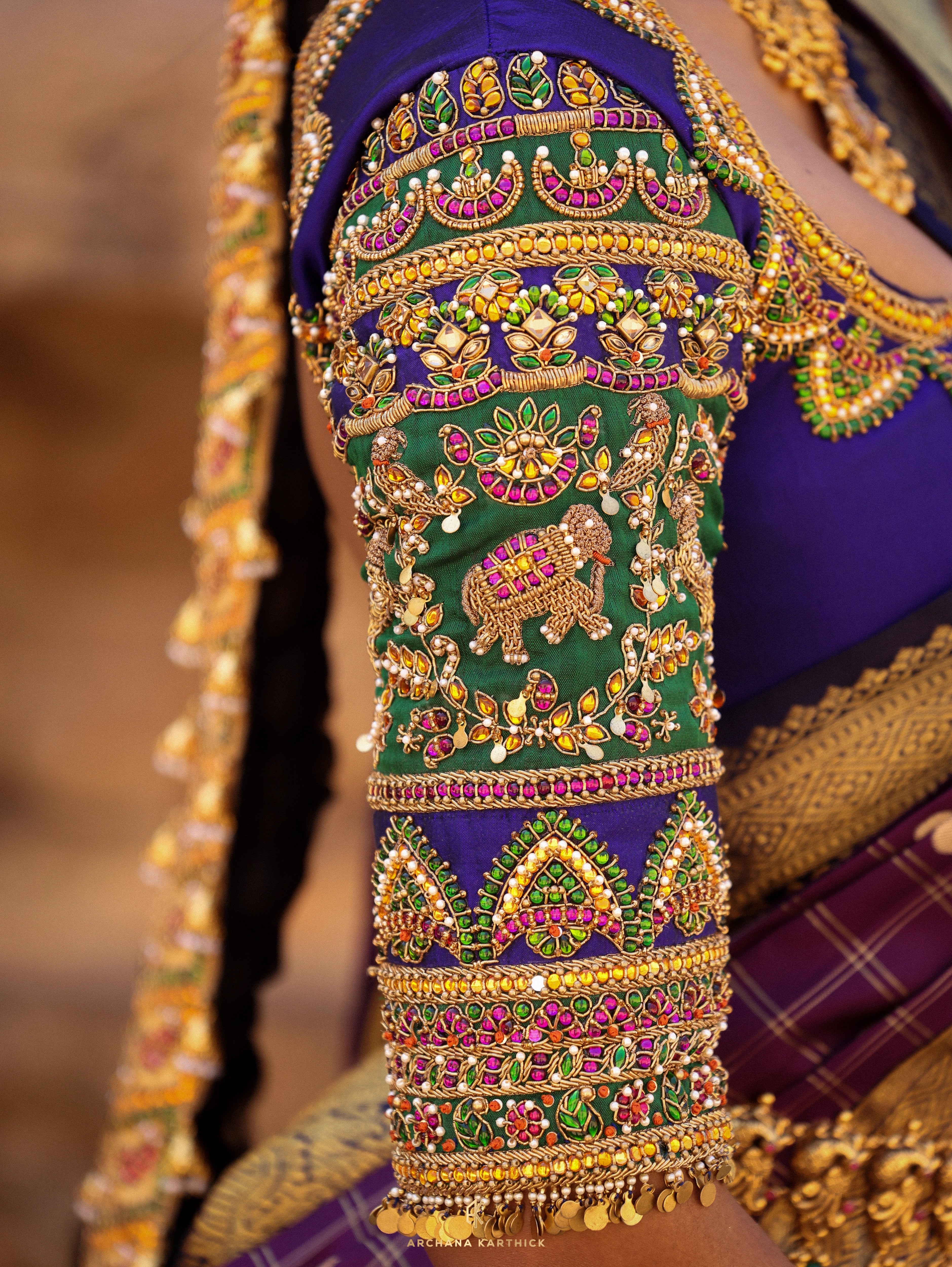 "Subbulakshmi" - Green, Purple & Blue Kanjeevaram & Benaras Silk Half Saree
