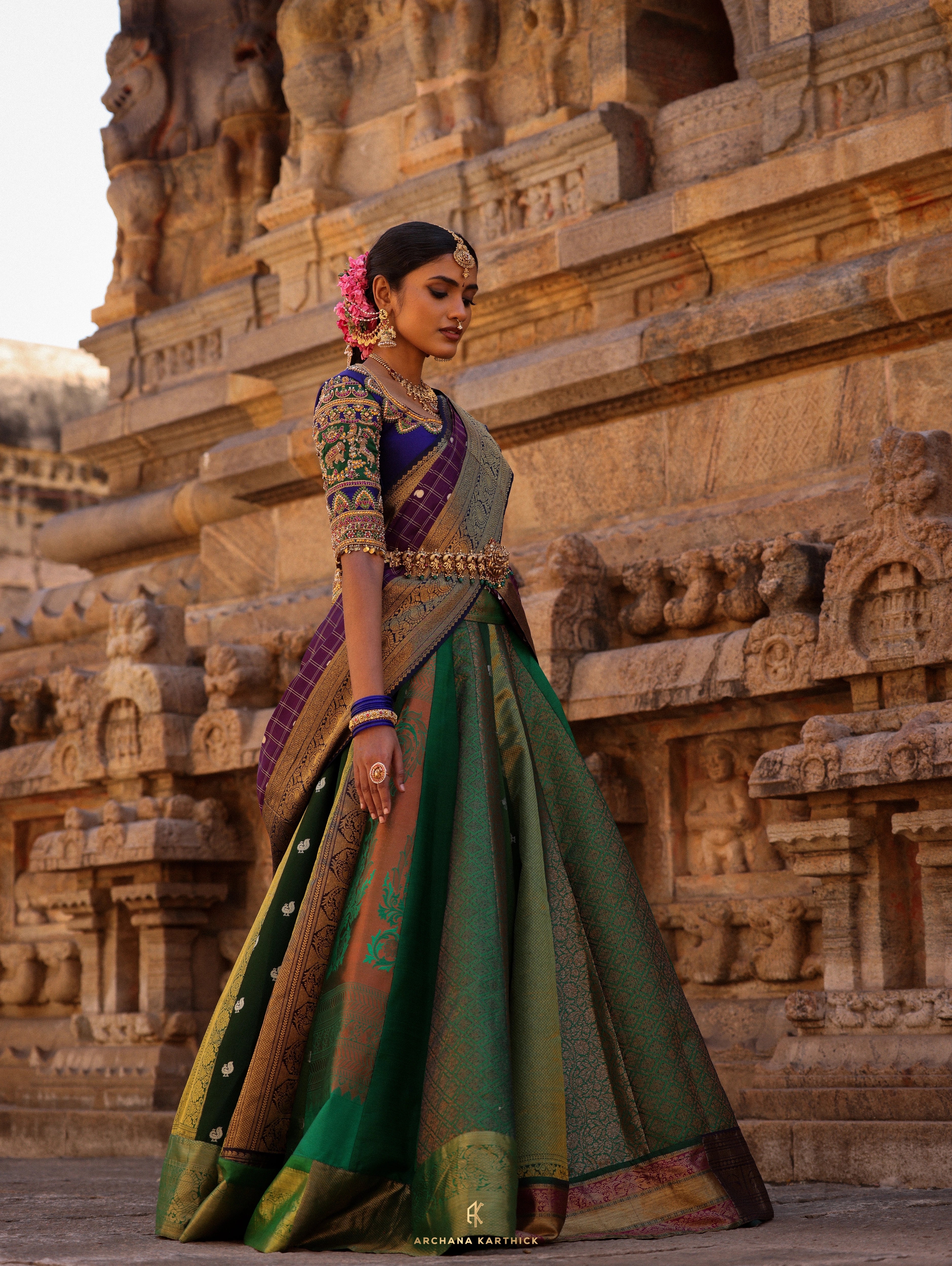 "Subbulakshmi" - Green, Purple & Blue Kanjeevaram & Benaras Silk Half Saree