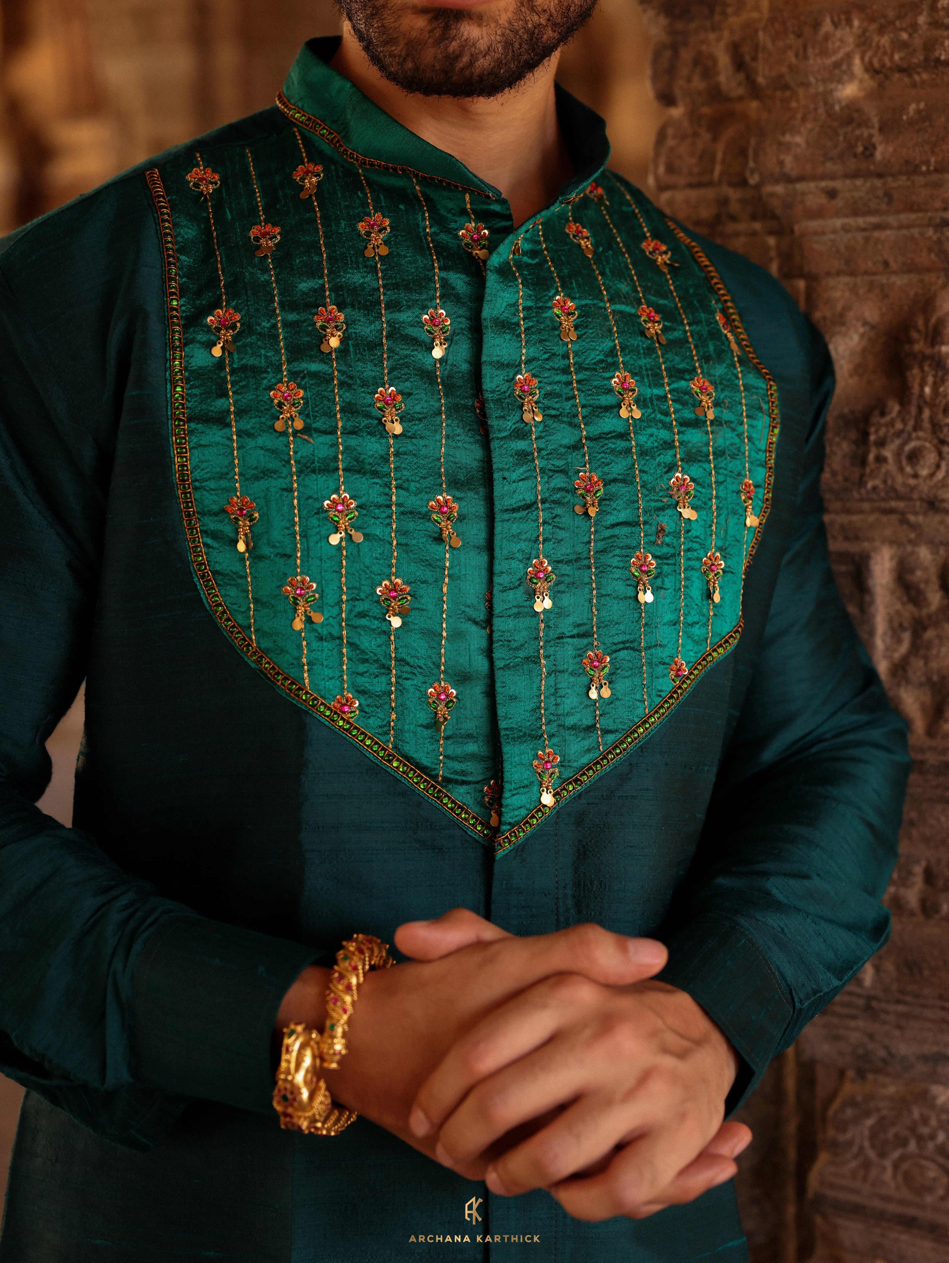 "G ARUNDALE" - Teal, Green & Gold Raw Silk Shirt & Veshti Set for Men