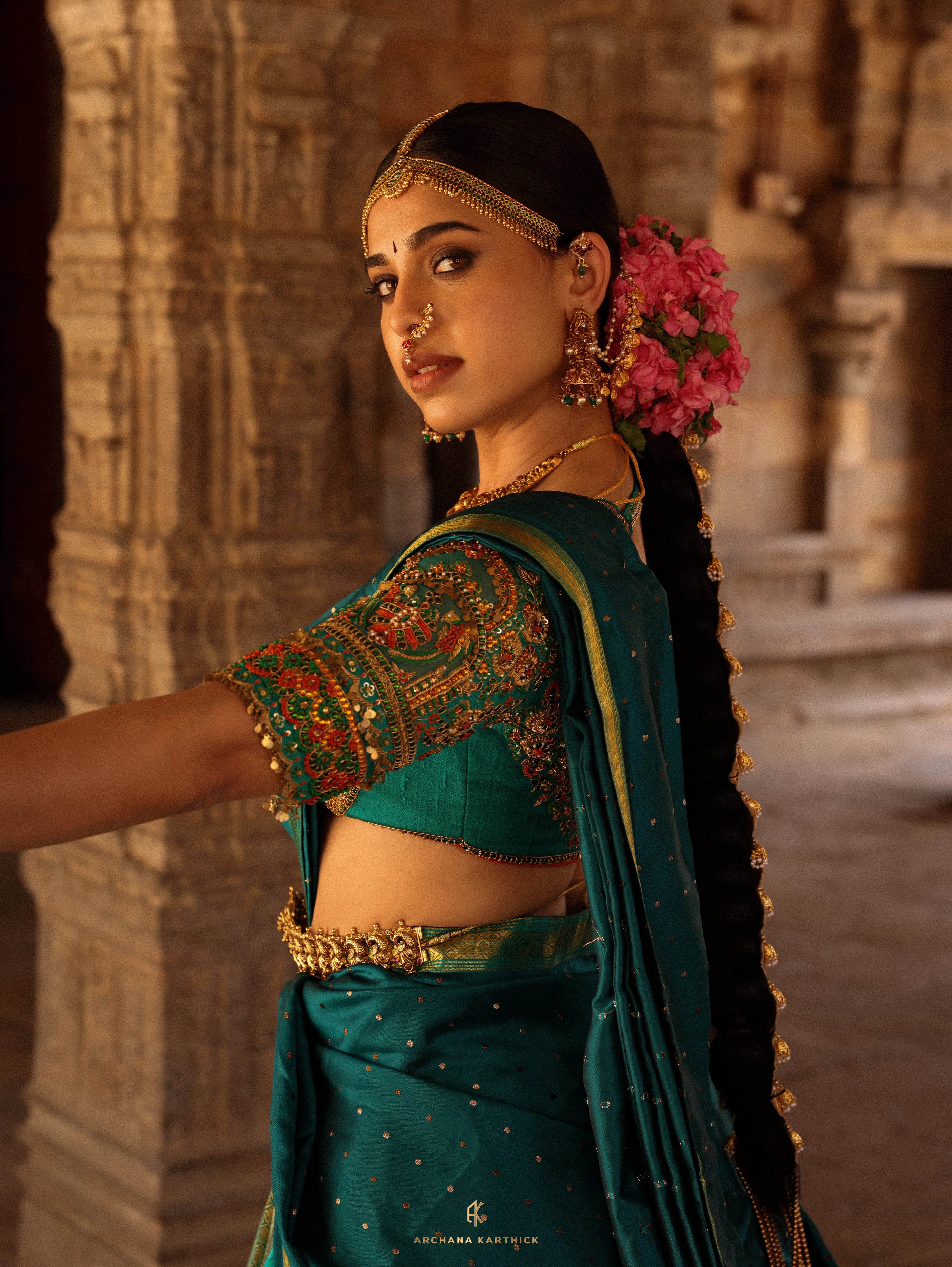 "Rukmini Devi" - Teal Kanjeevaram & Brocade Silk Half Saree