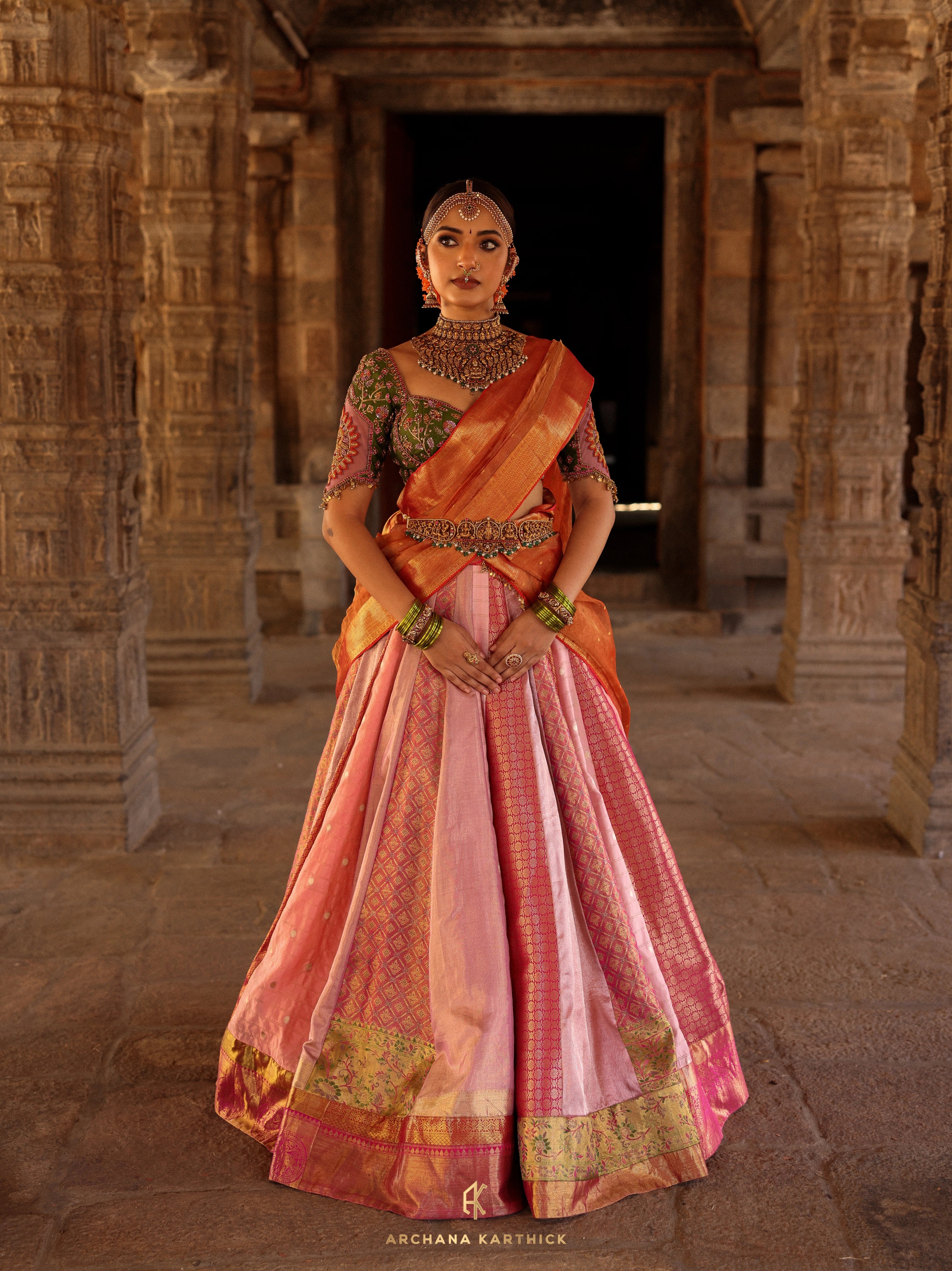 "Kundhavai" - Pink, Orange & Green Kanjeevaram Tissue Silk Half Saree