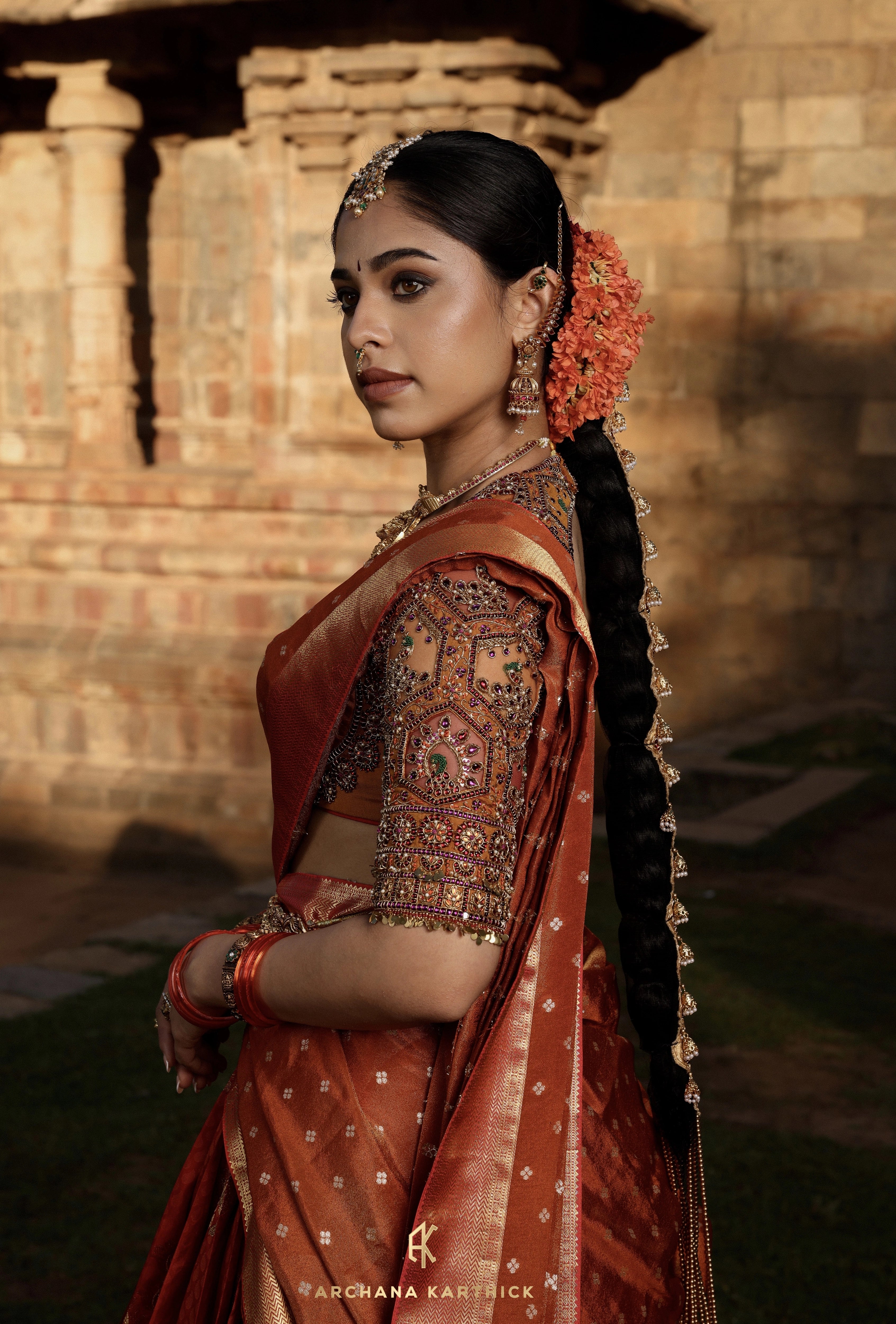 "Mangammal" - Red, Mustard & Orange Kanjeevaram Silk Half Saree
