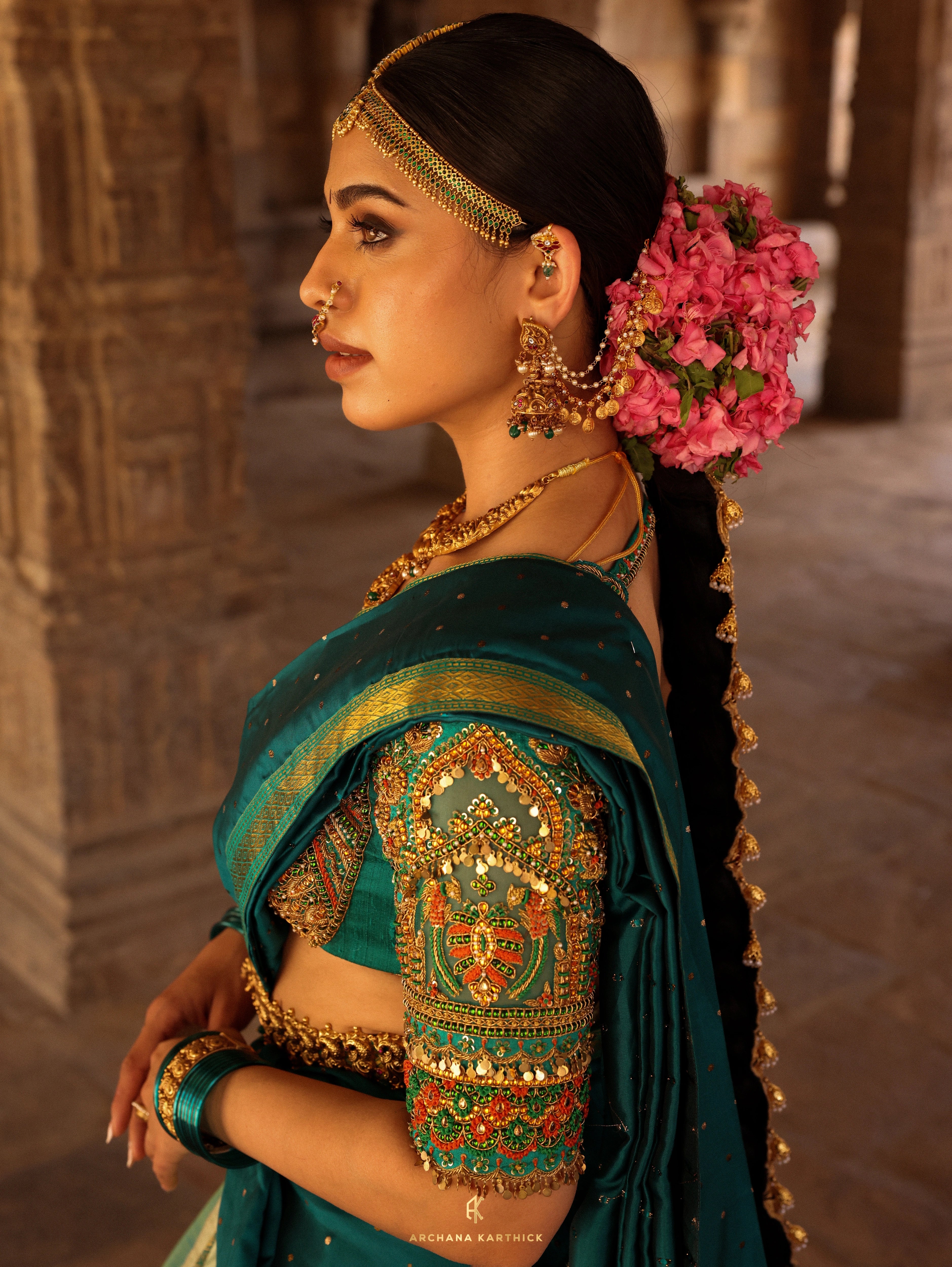 "Rukmini Devi" - Teal Kanjeevaram & Brocade Silk Half Saree