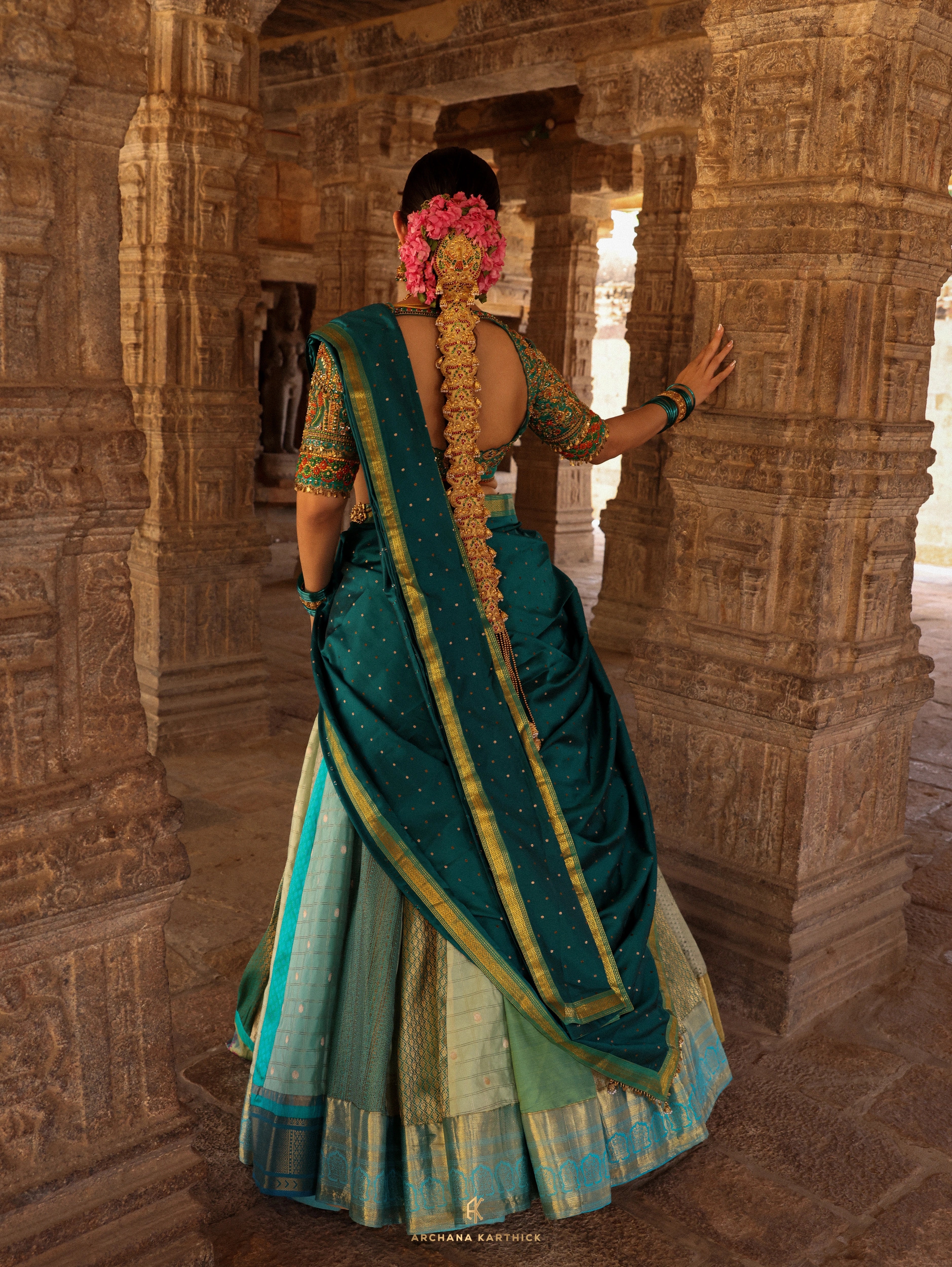 "Rukmini Devi" - Teal Kanjeevaram & Brocade Silk Half Saree