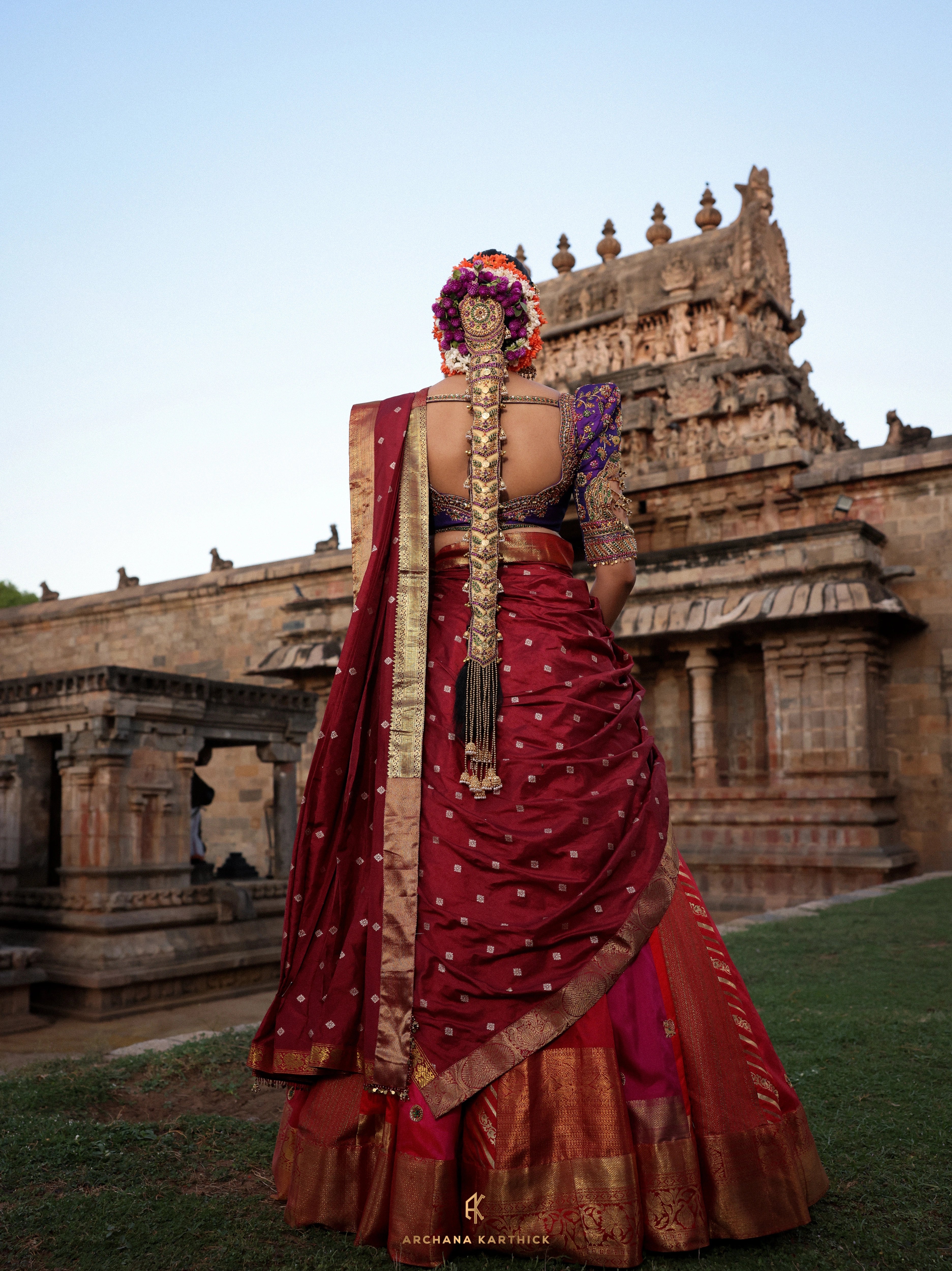 "Lokamahadevi" - Red, Purple & Maroon Kanjeevaram Silk Half Saree