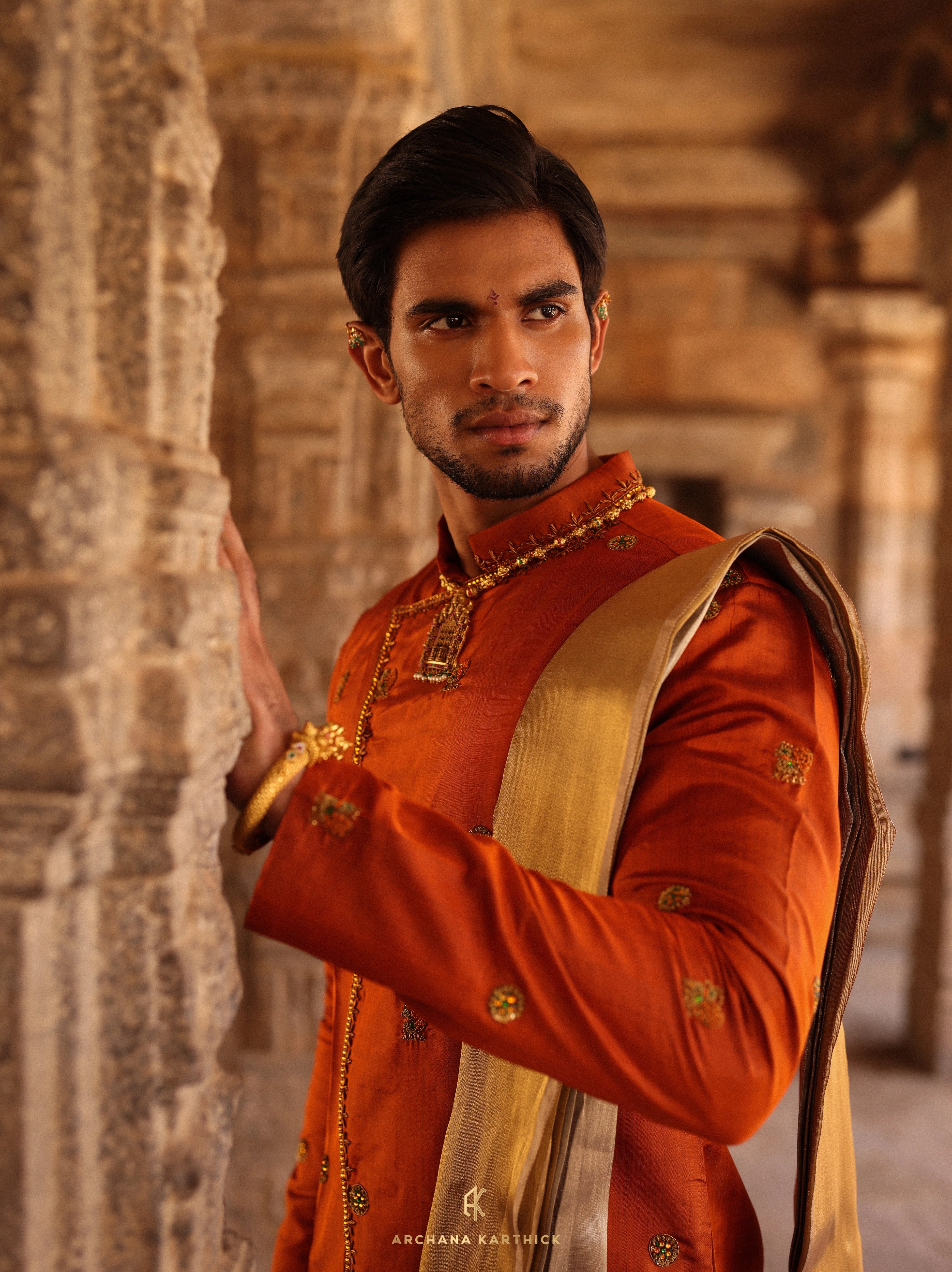 "VANDHIYATHEVAN" - Burnt Orange, Gold & Silver Kanjeevaram Silk Kurta Set for Men