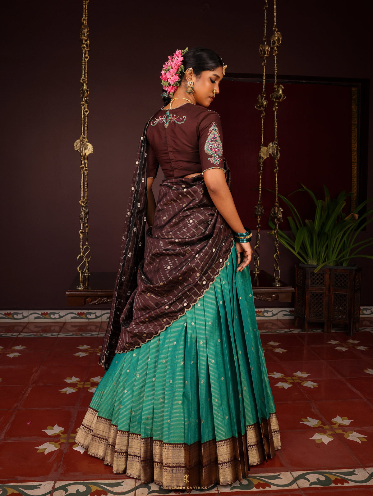 "Neelakurinji" - Teal & Brown Silk Half Saree