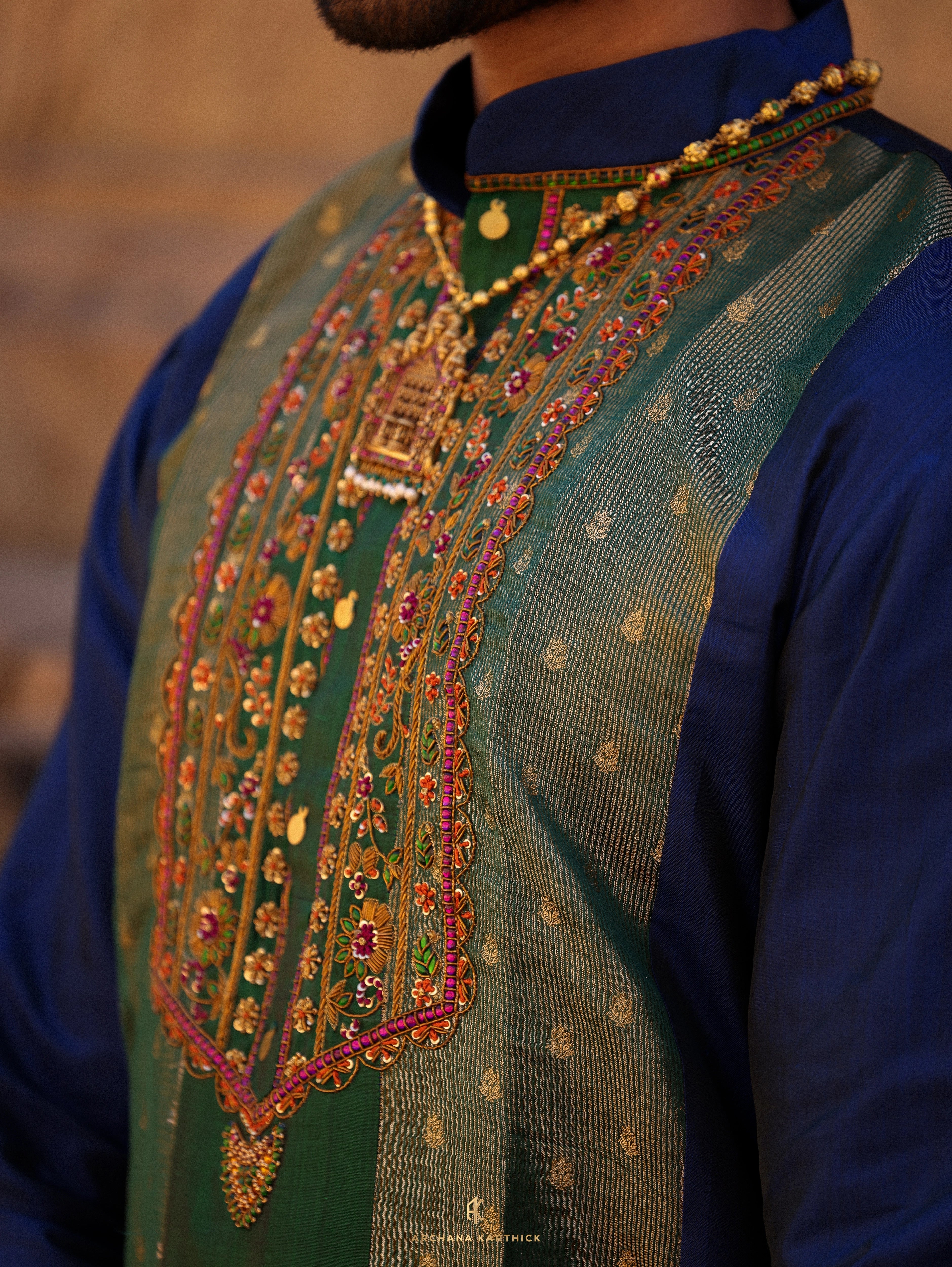 "Sadasivam" - Green & Blue Kanjeevaram Silk Kurta Set for Men