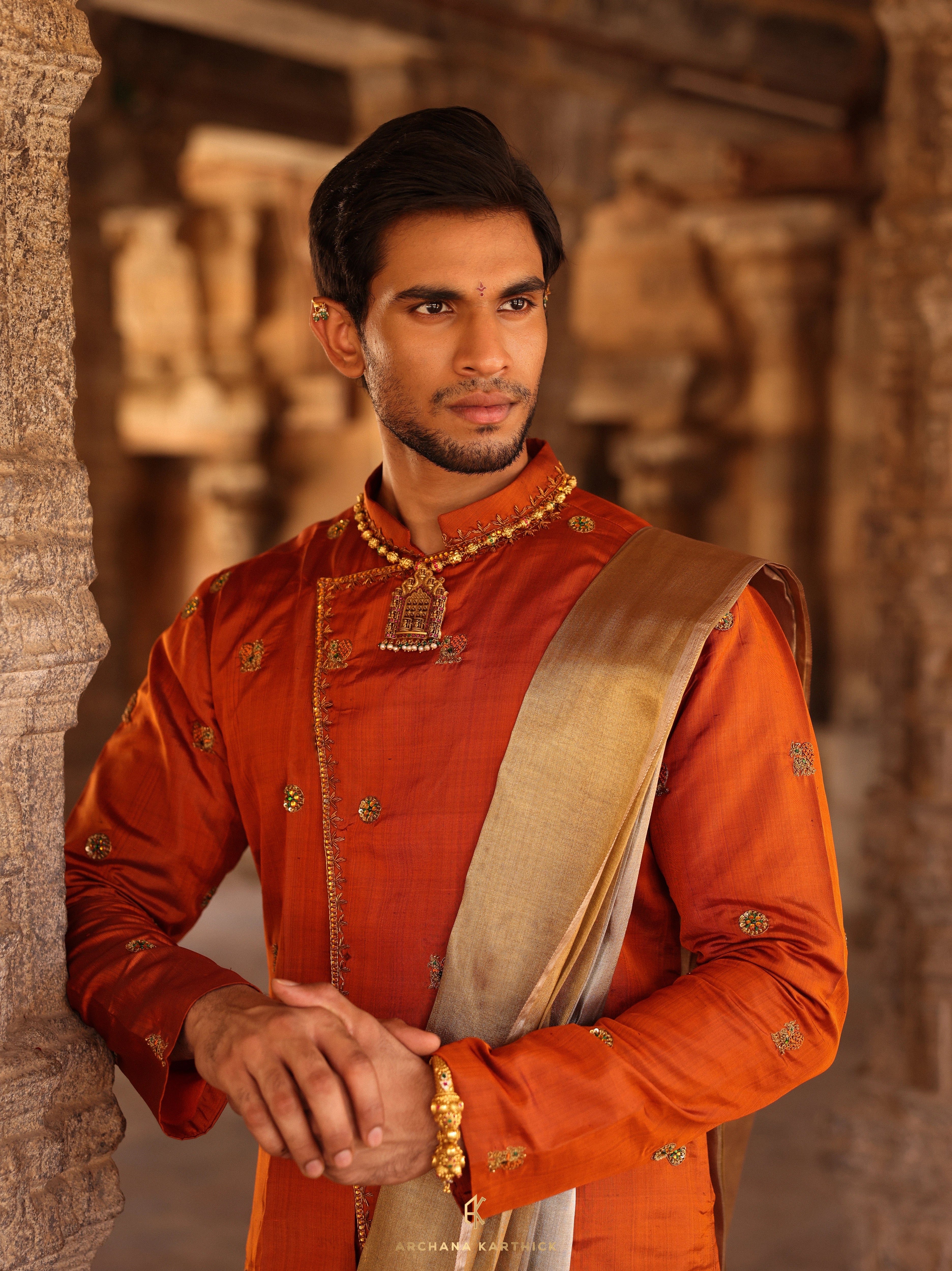 "VANDHIYATHEVAN" - Burnt Orange, Gold & Silver Kanjeevaram Silk Kurta Set for Men