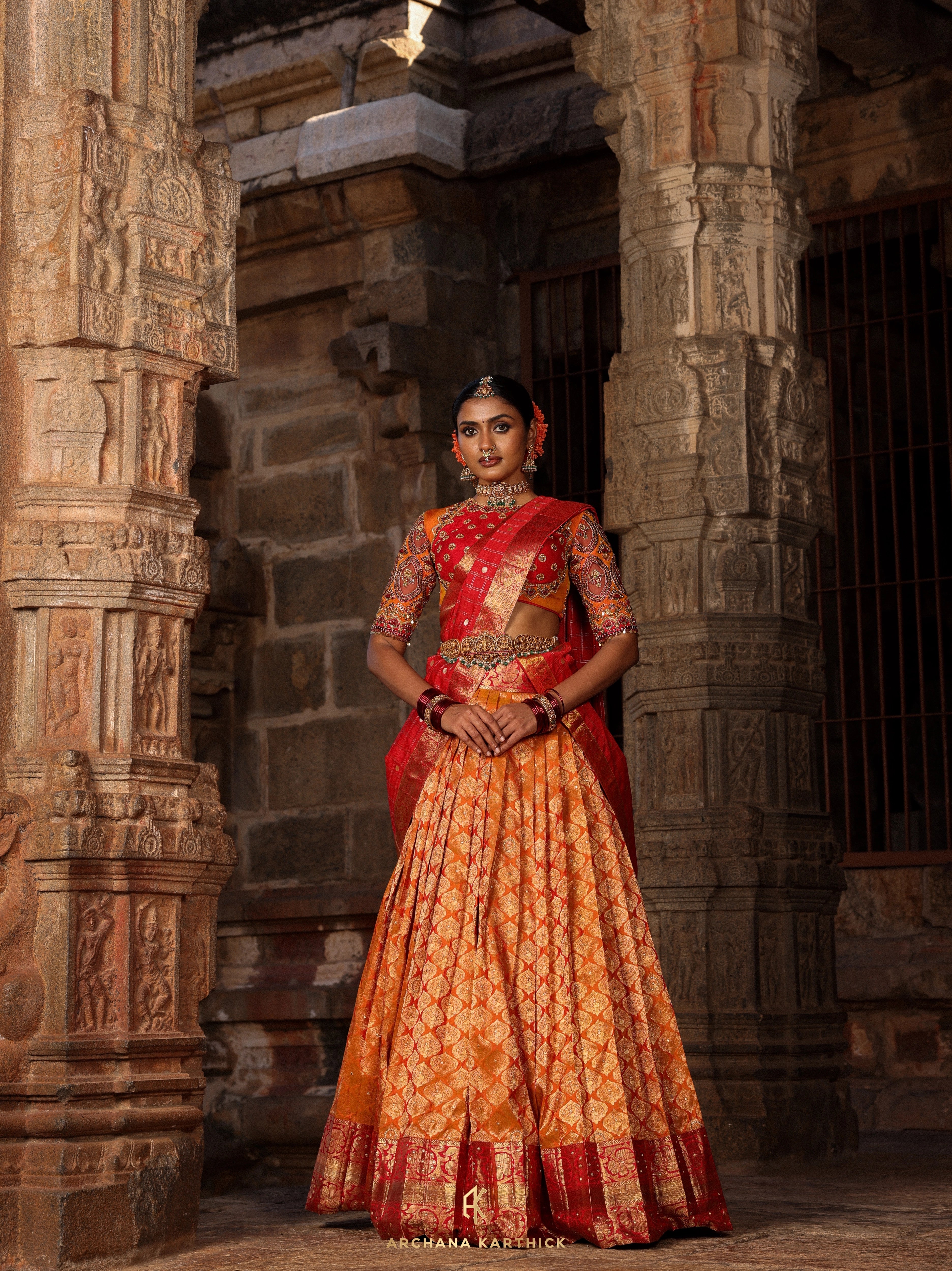 "Sembiyan Mahadevi" - Red, Mustard & Gold Kanjeevaram Silk Half Saree