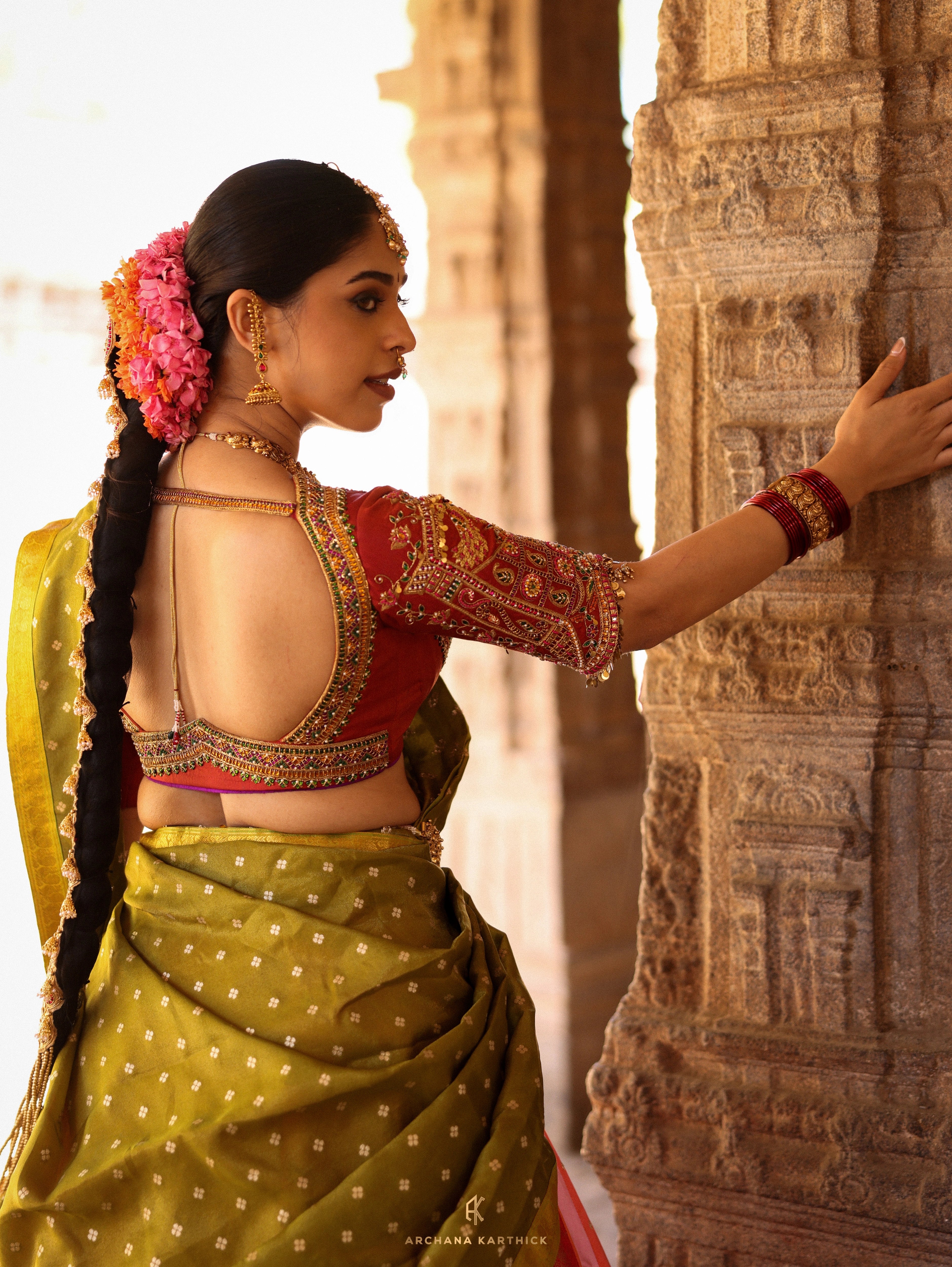 "Rudrama Devi" - Pink, Red & Green Kanjeevaram Silk Half Saree