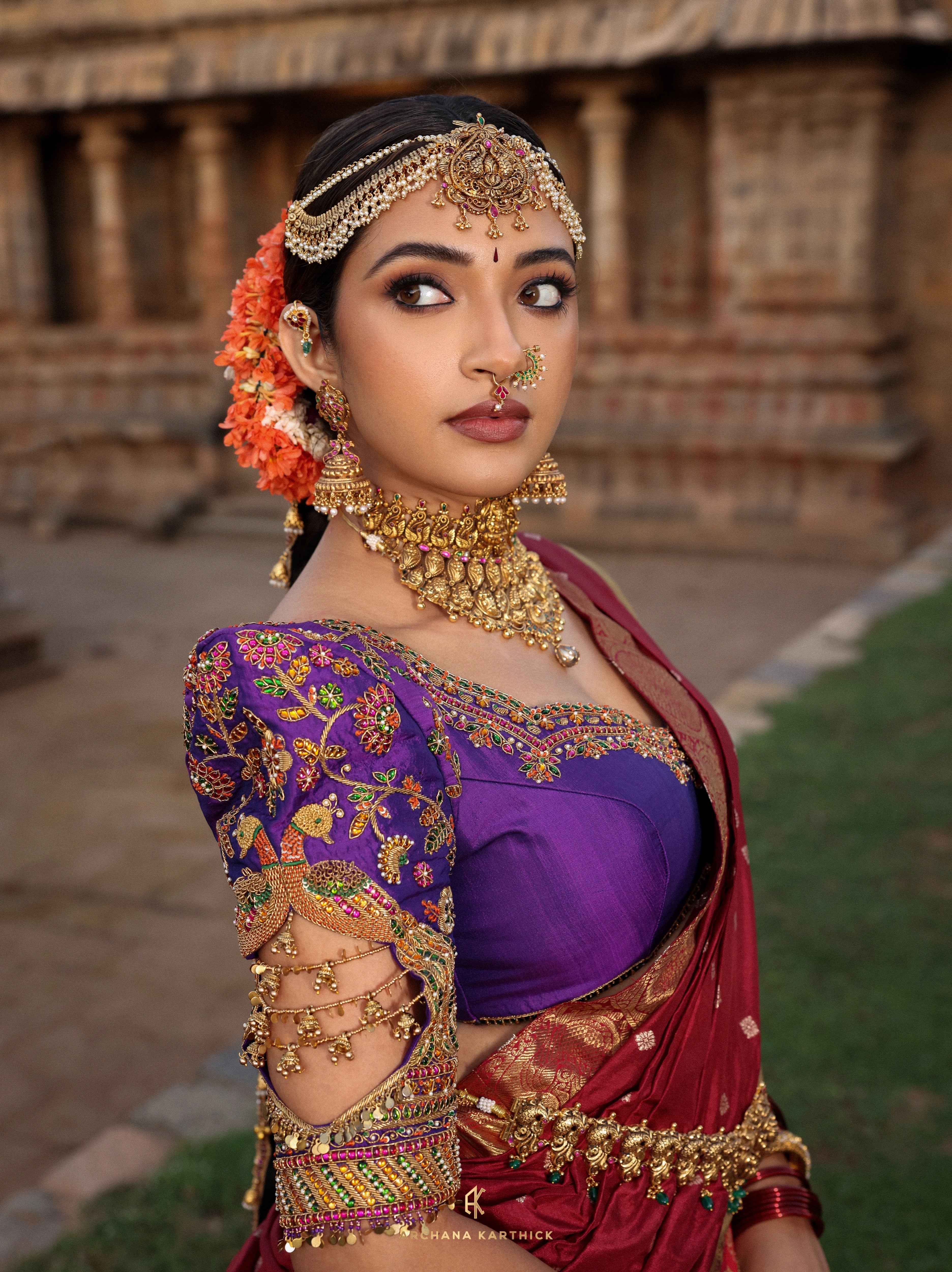 "Lokamahadevi" - Red, Purple & Maroon Kanjeevaram Silk Half Saree