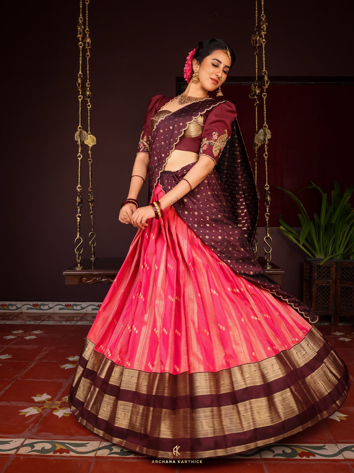 "Arali" - Pink & Brown Silk Half Saree
