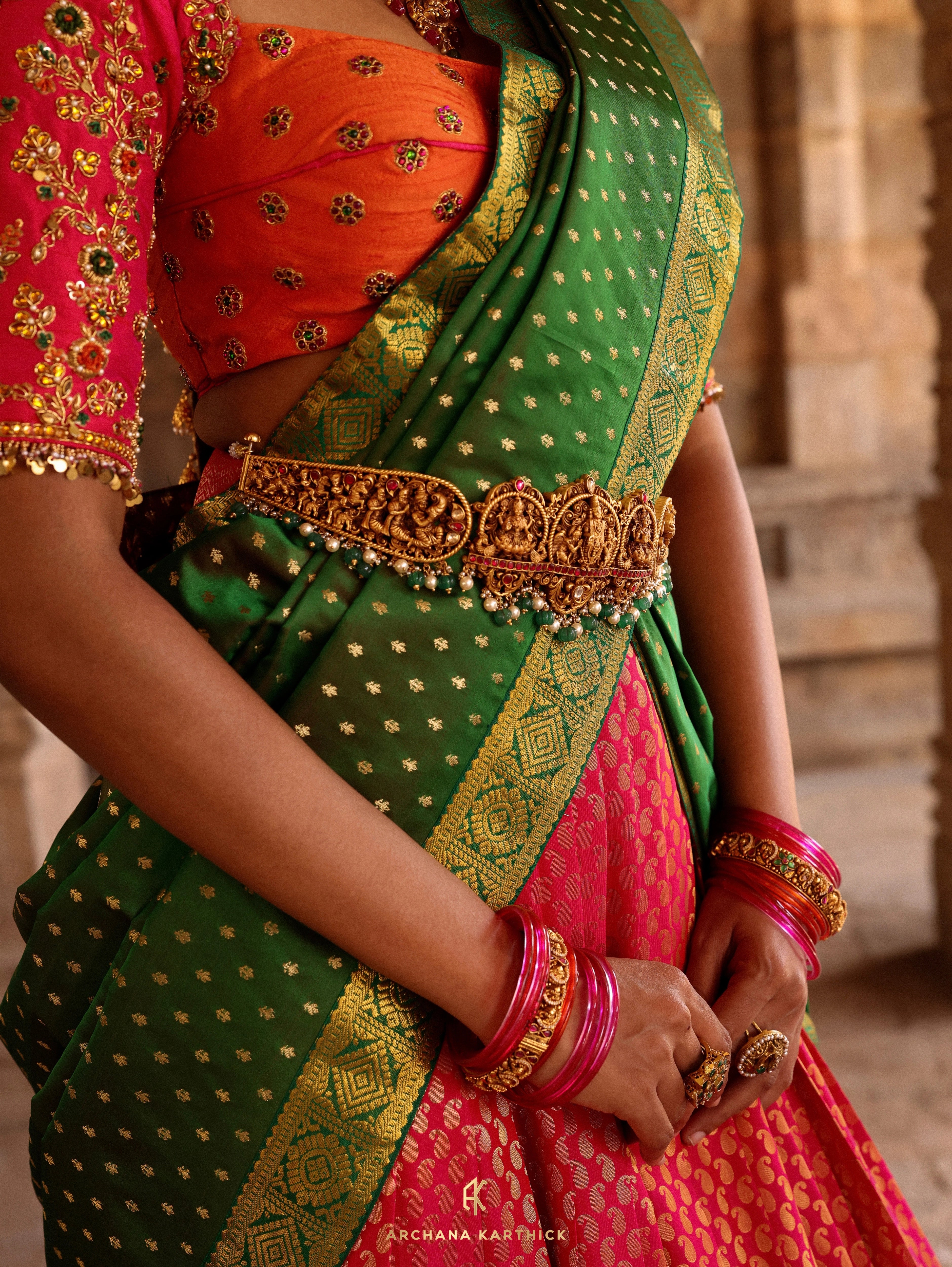"Velu Nachiyar" - Orange, Pink & Green Silk Half Saree