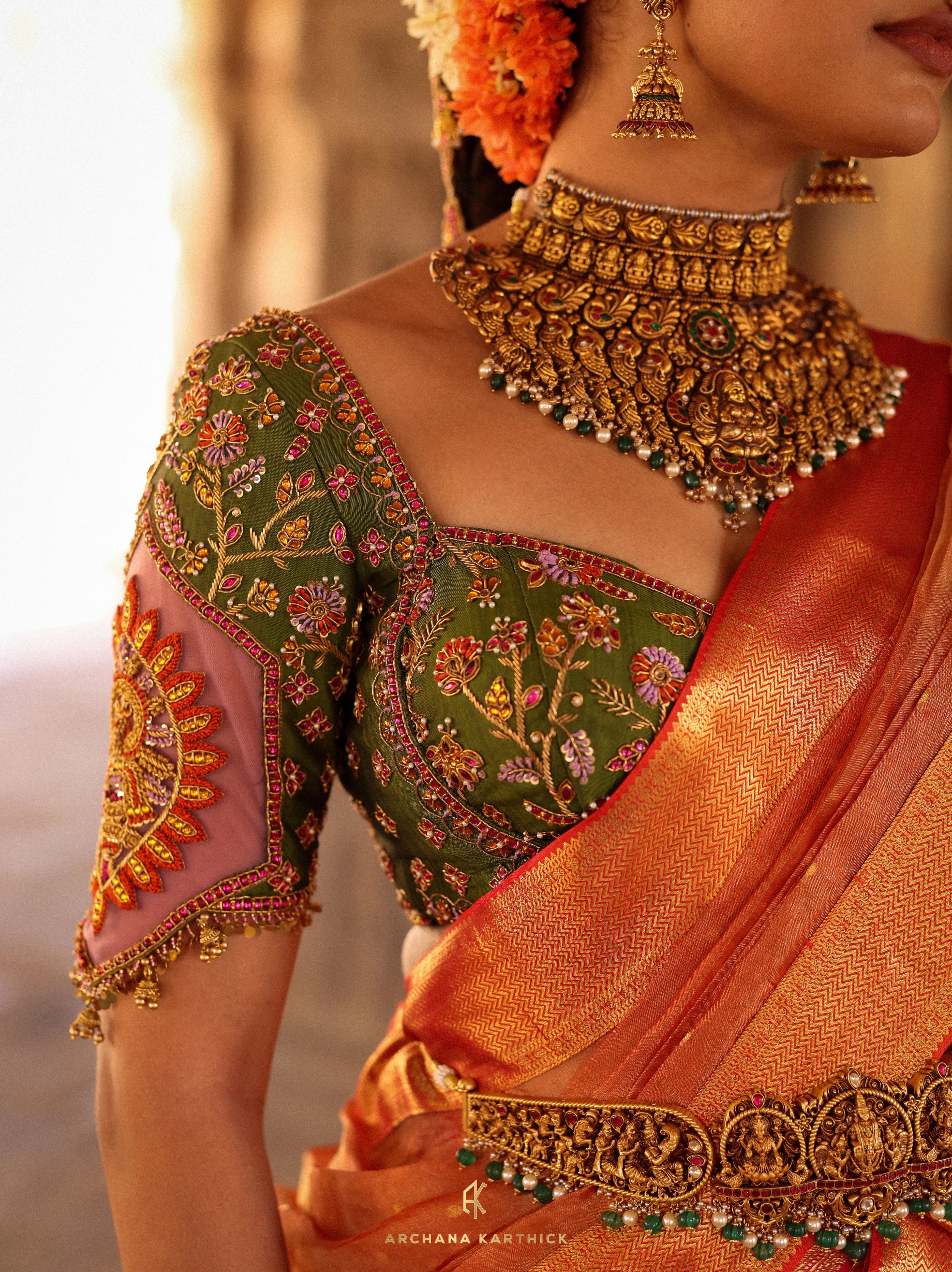 "Kundhavai" - Pink, Orange & Green Kanjeevaram Tissue Silk Half Saree