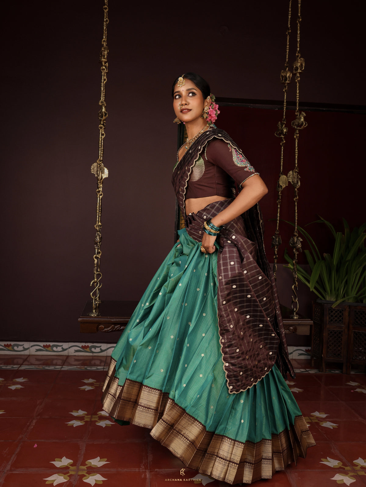 "Neelakurinji" - Teal & Brown Silk Half Saree
