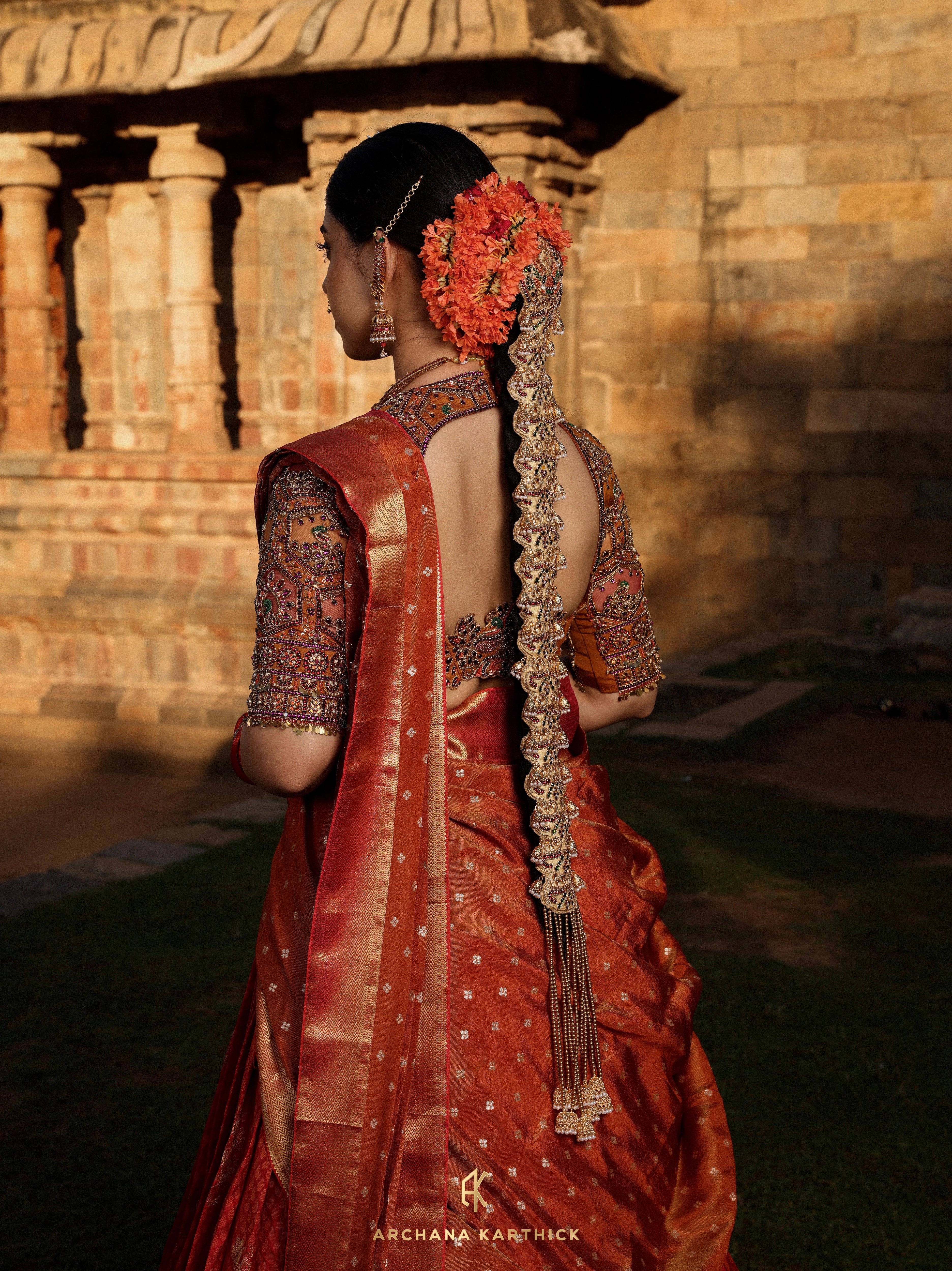 "Mangammal" - Red, Mustard & Orange Kanjeevaram Silk Half Saree