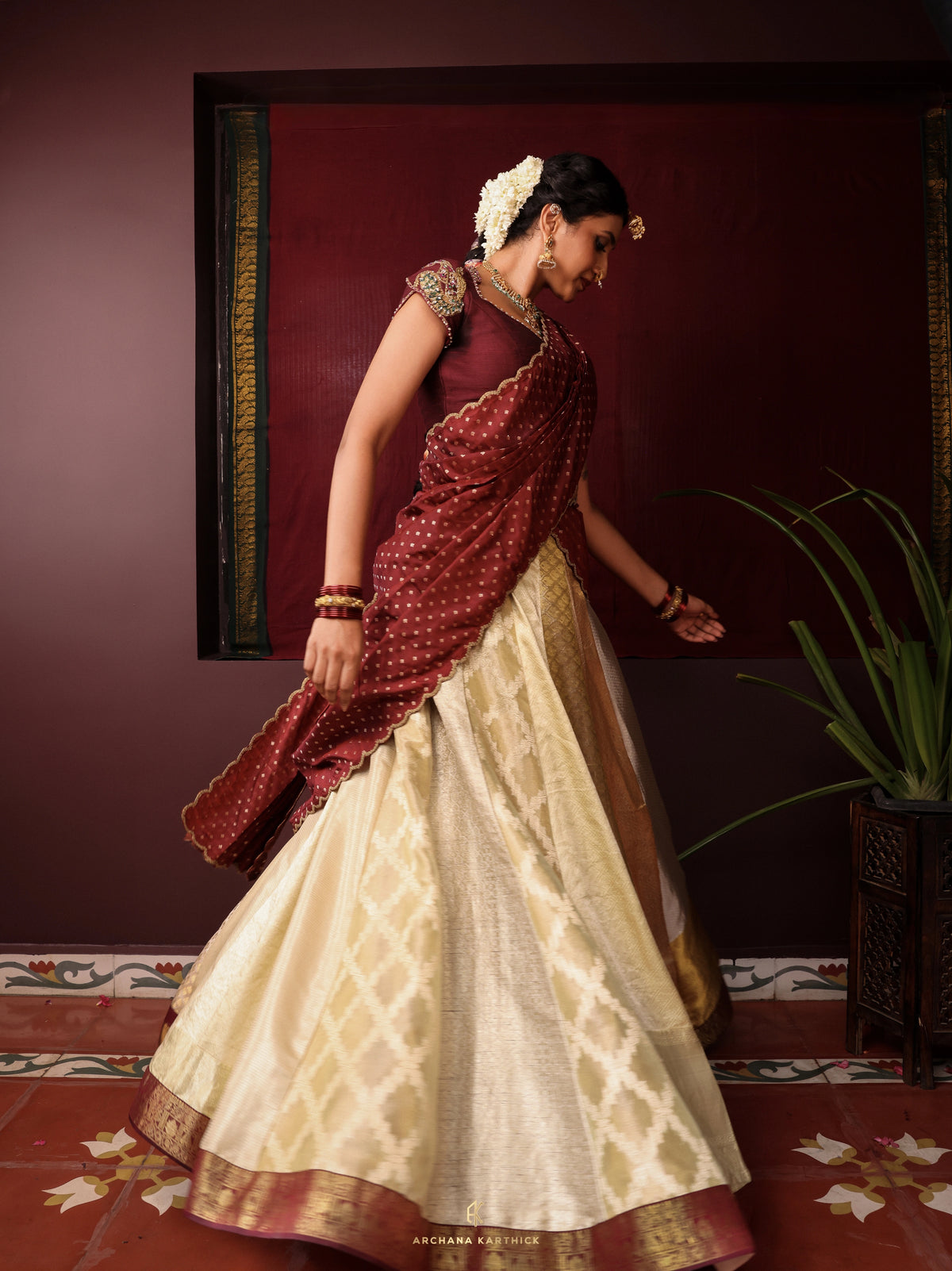 "Malli" - Gold & Maroon Silk Half Saree