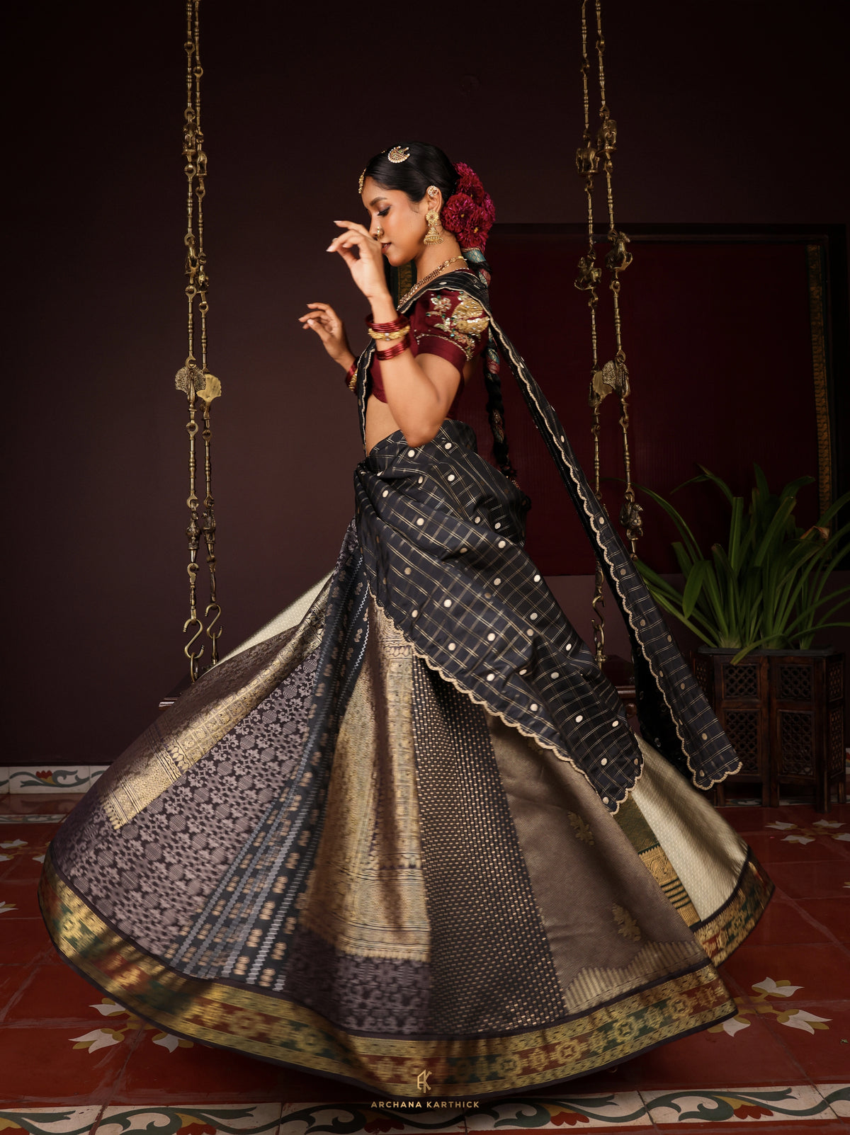"Roja" - Black & Maroon Silk Half Saree