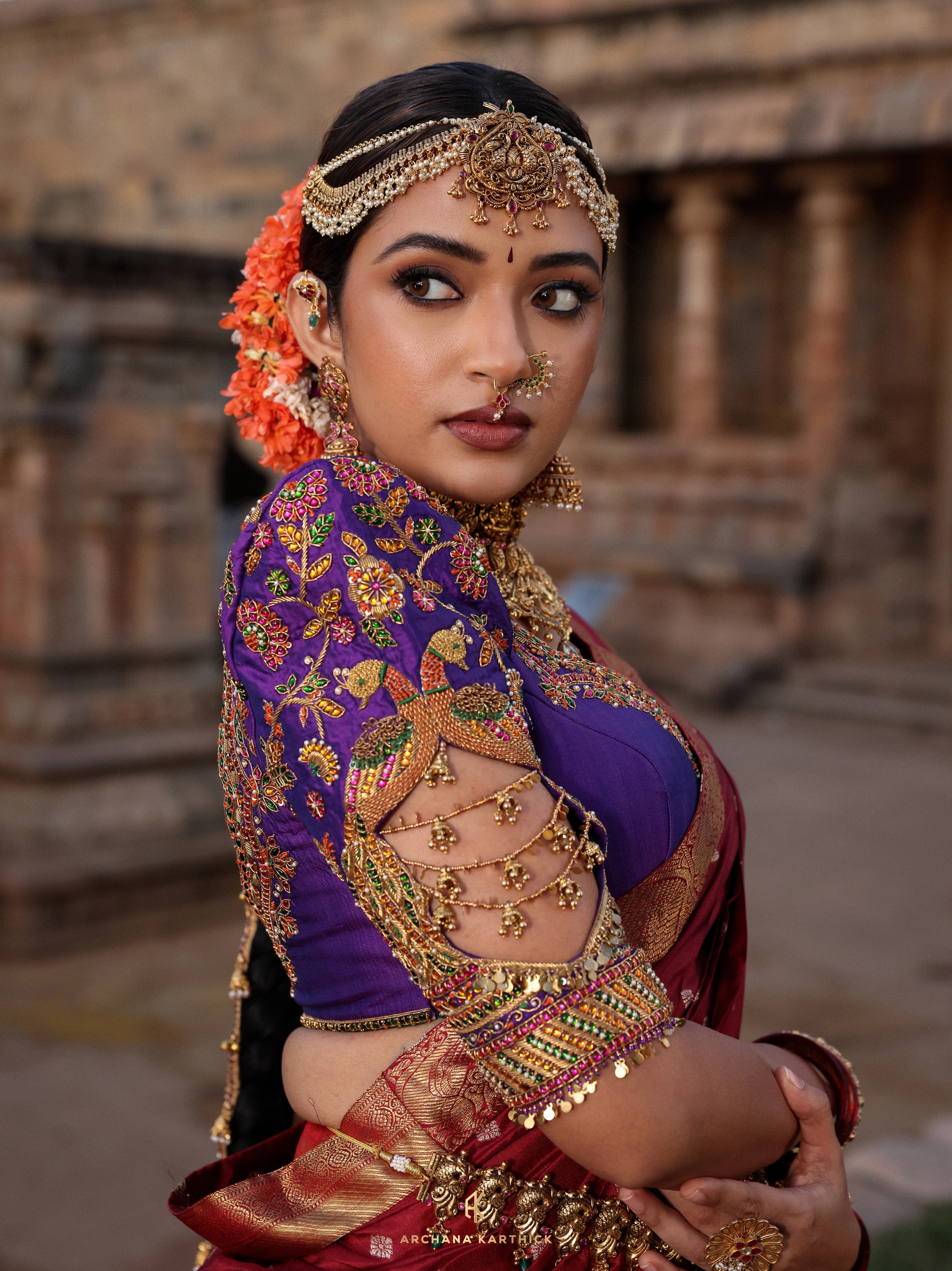 "Lokamahadevi" - Red, Purple & Maroon Kanjeevaram Silk Half Saree