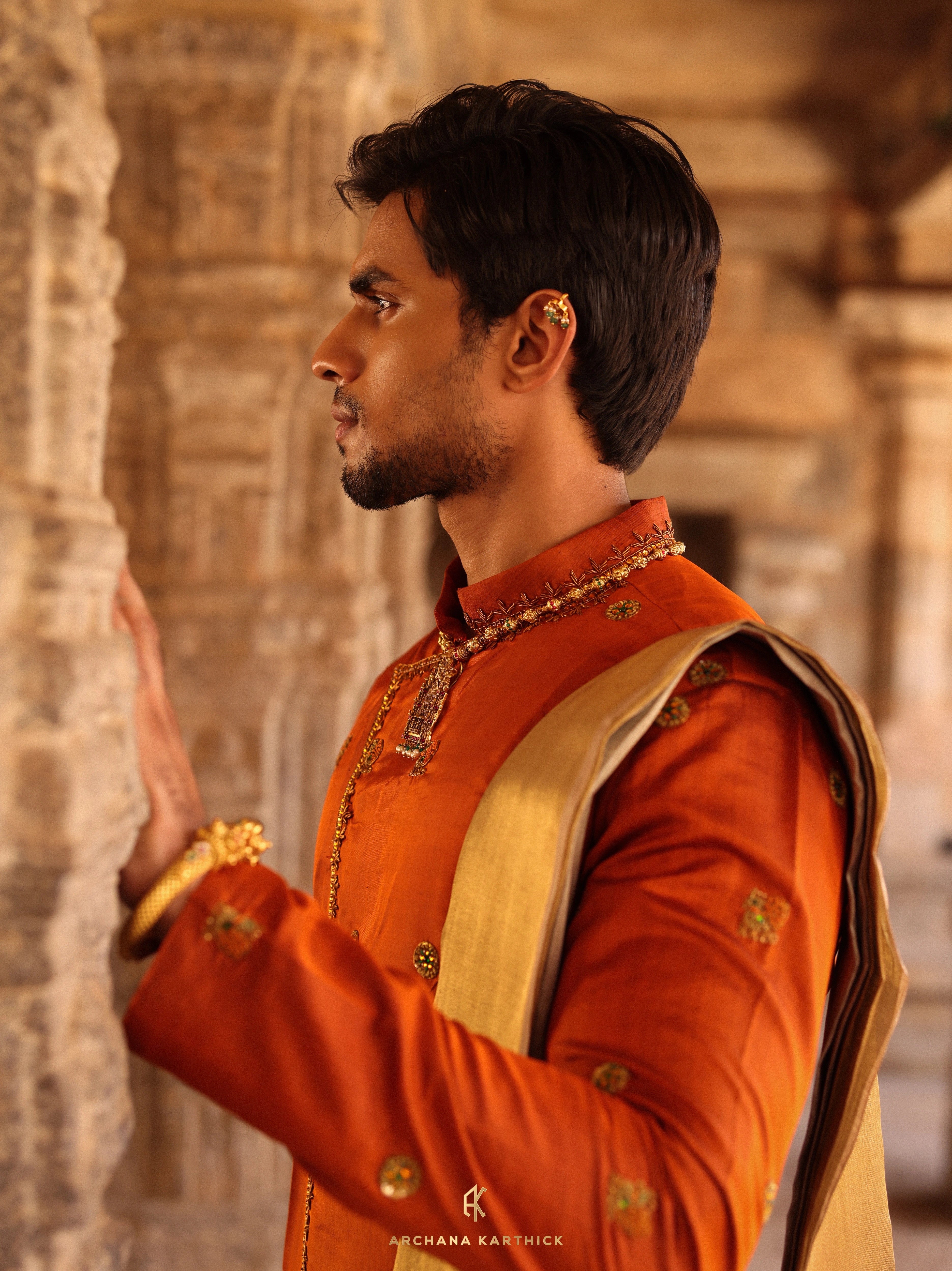 "VANDHIYATHEVAN" - Burnt Orange, Gold & Silver Kanjeevaram Silk Kurta Set for Men