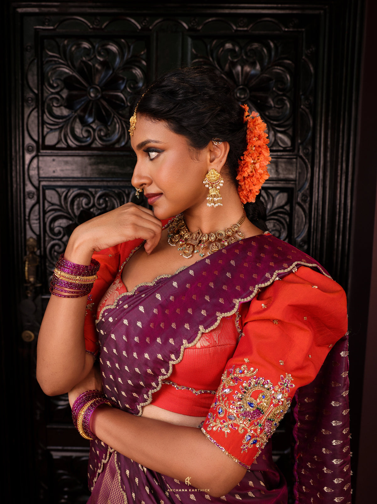 "Vaadamalli" - Orange & Purple Silk Half Saree