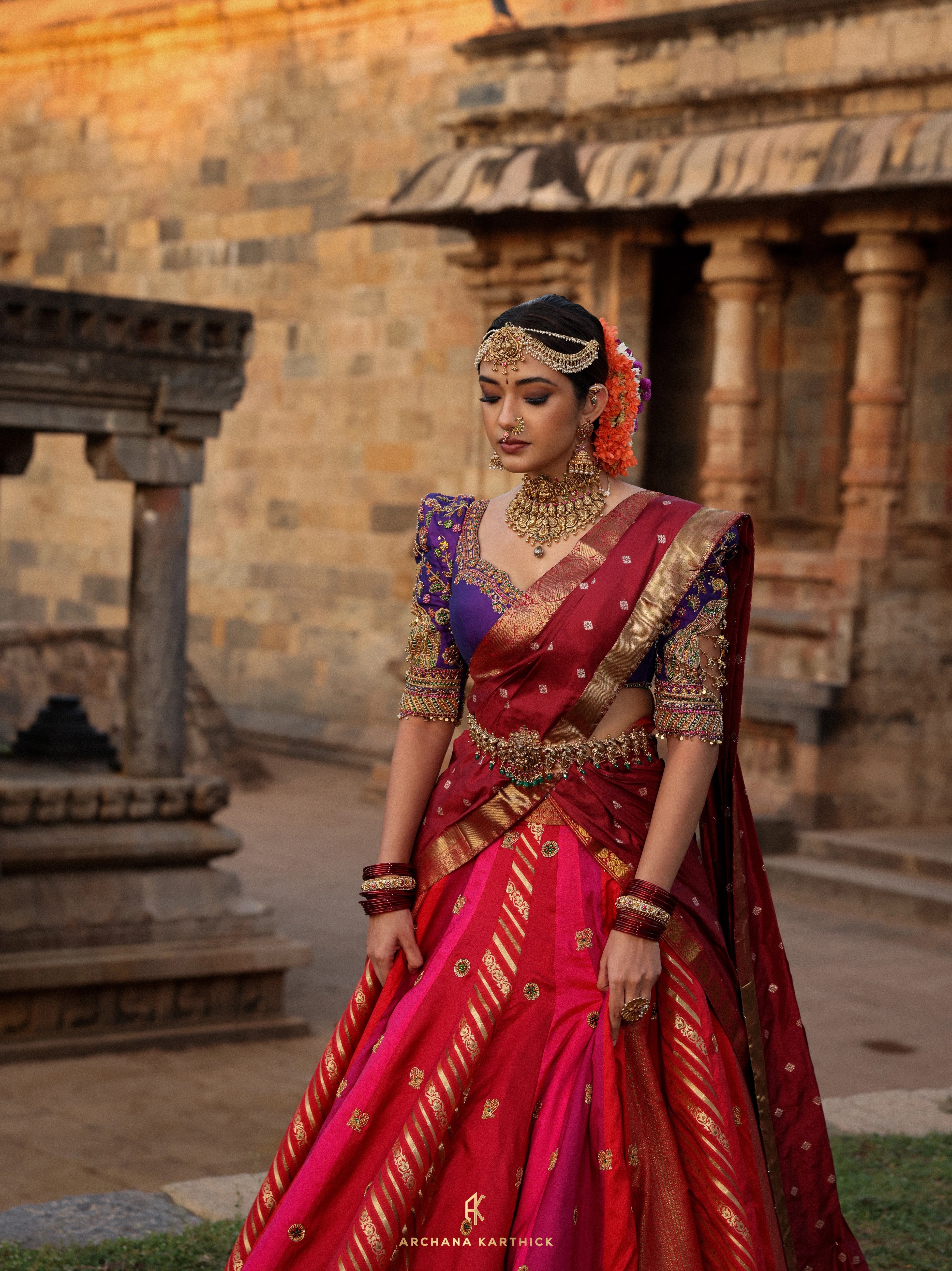 "Lokamahadevi" - Red, Purple & Maroon Kanjeevaram Silk Half Saree