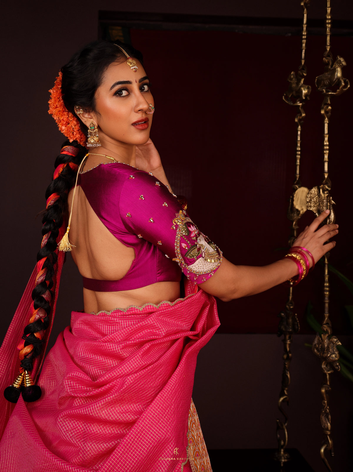"Jaathimalli" - Pink & Orange Silk Half Saree