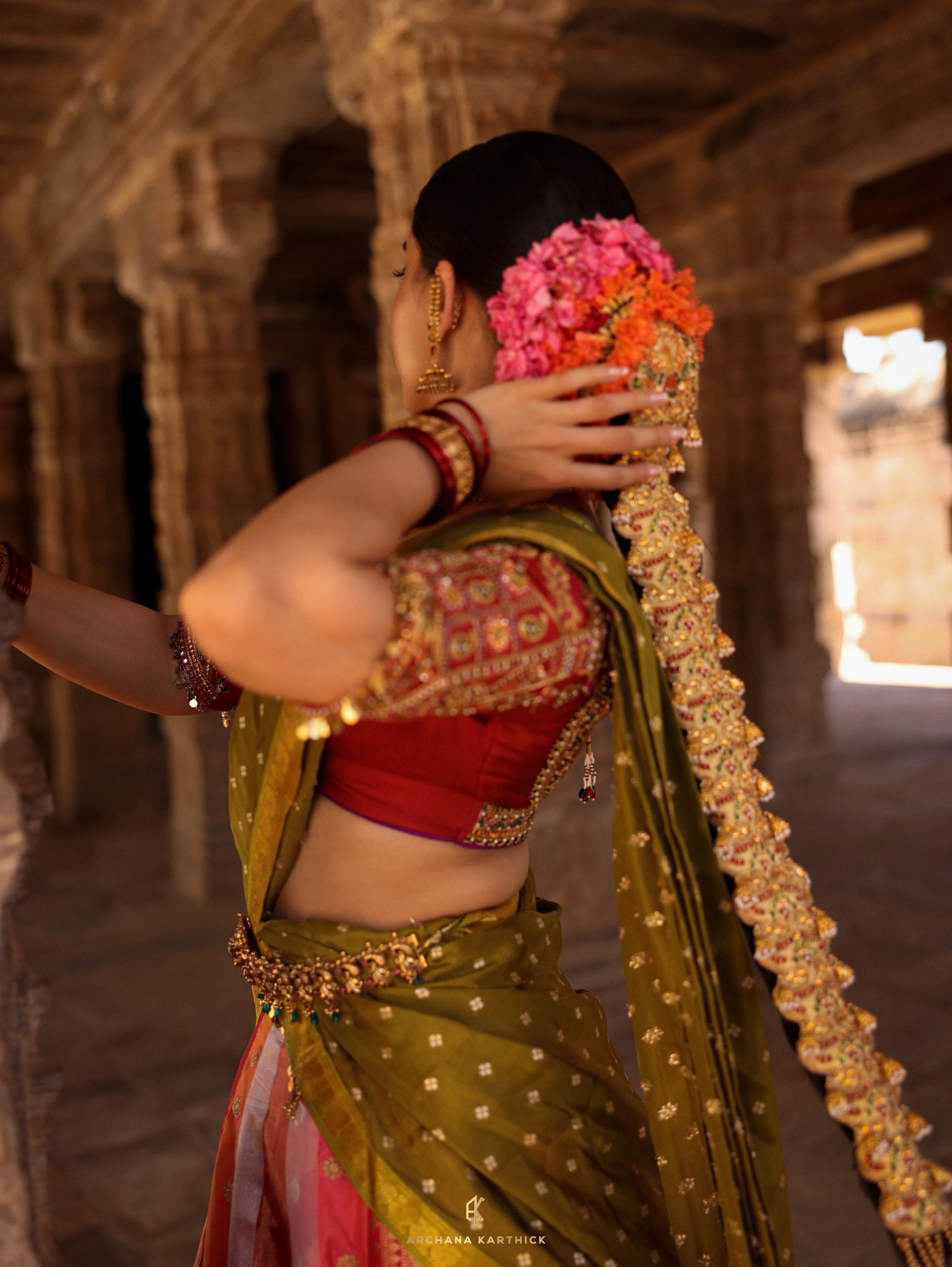 "Rudrama Devi" - Pink, Red & Green Kanjeevaram Silk Half Saree