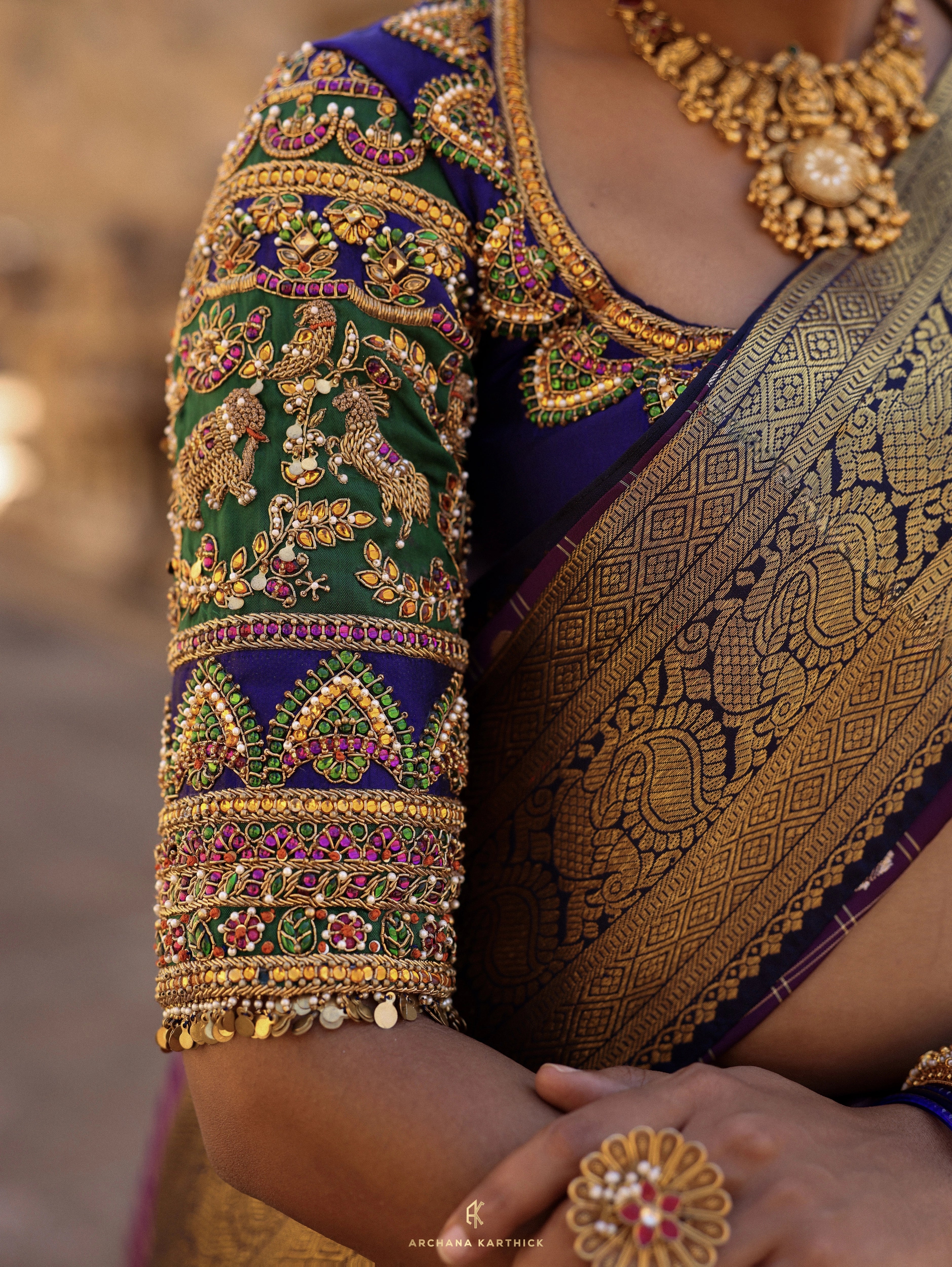 "Subbulakshmi" - Green, Purple & Blue Kanjeevaram & Benaras Silk Half Saree
