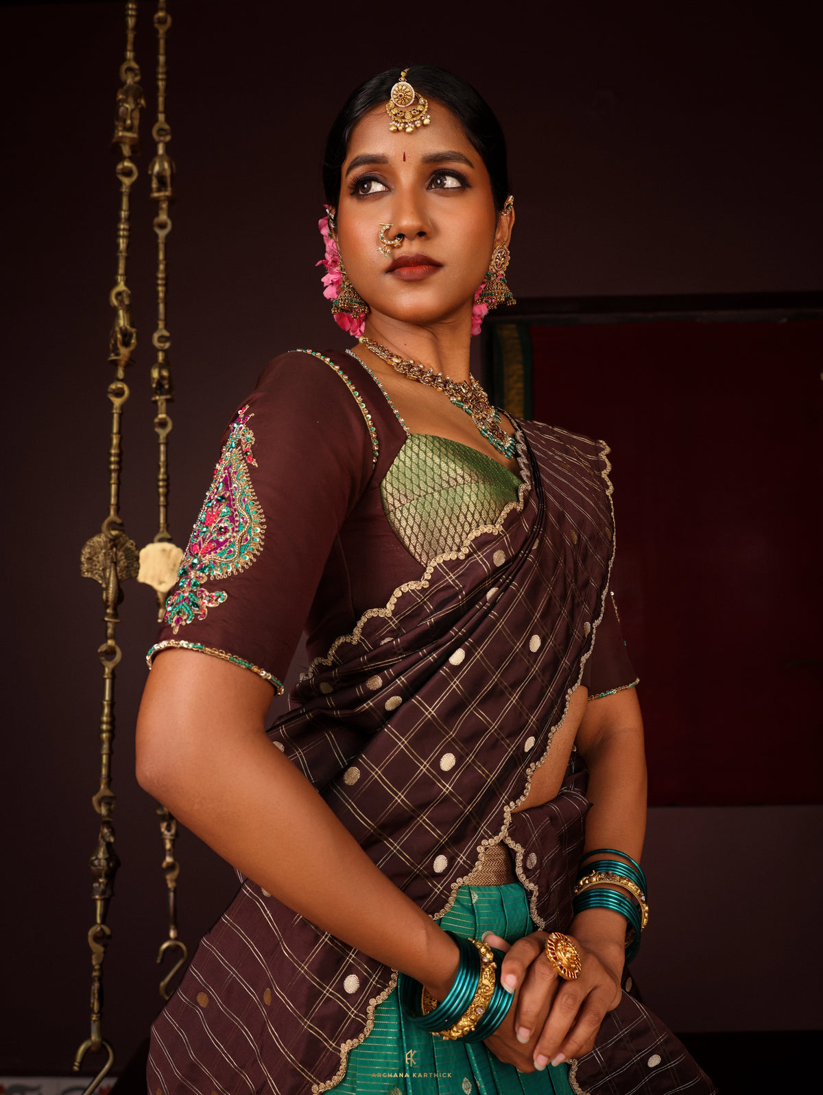"Neelakurinji" - Teal & Brown Silk Half Saree