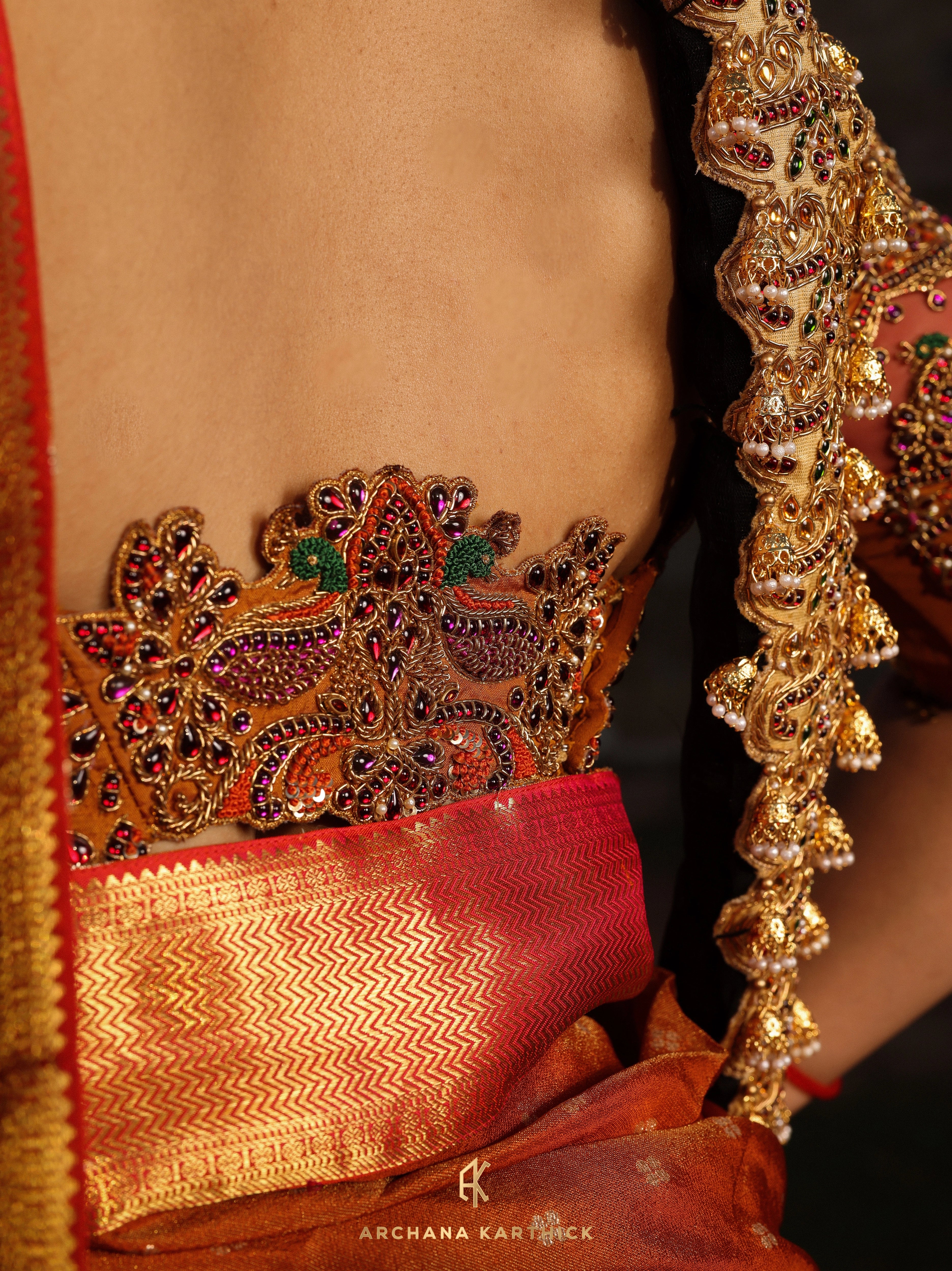 "Mangammal" - Red, Mustard & Orange Kanjeevaram Silk Half Saree