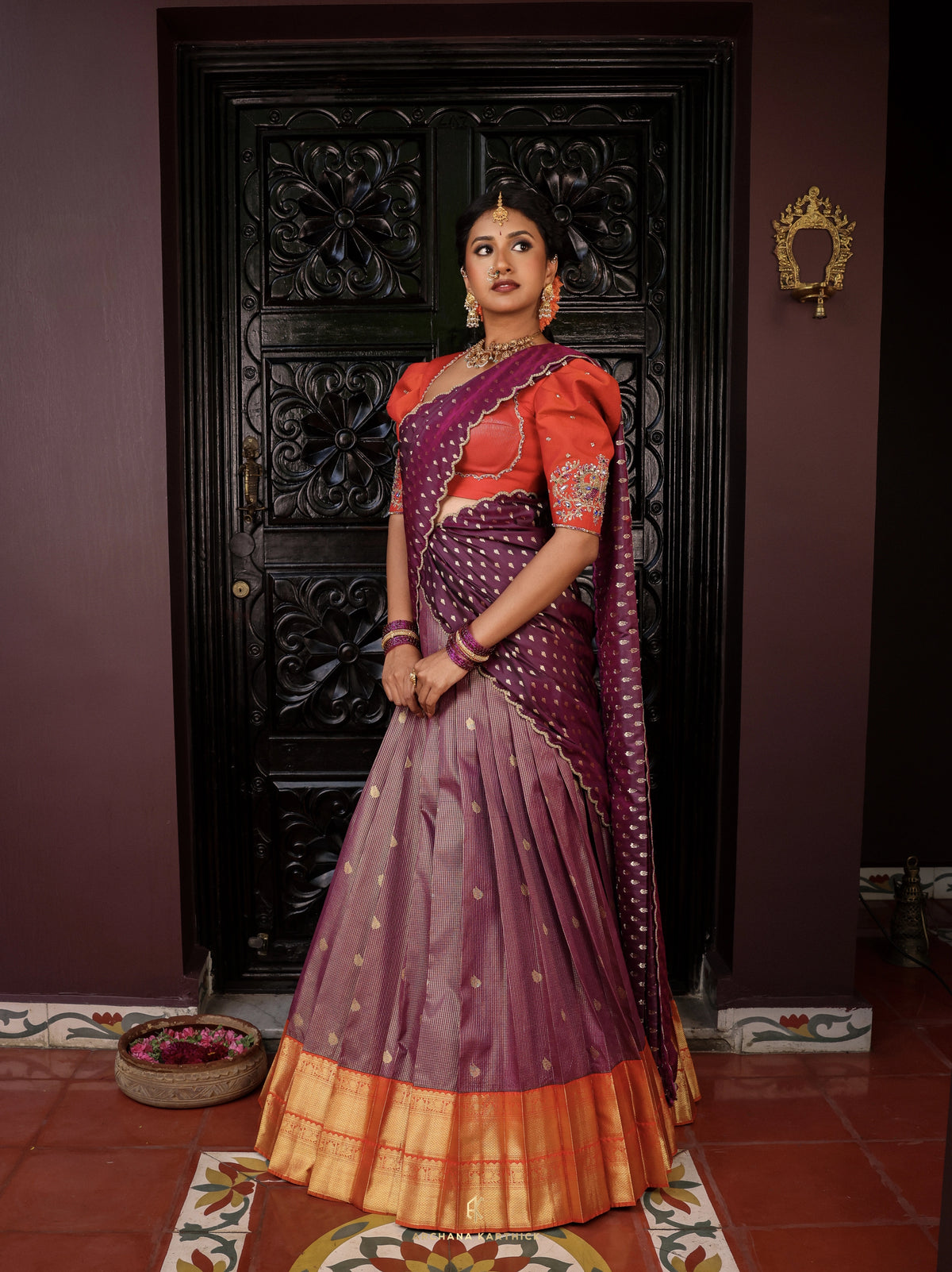 "Vaadamalli" - Orange & Purple Silk Half Saree