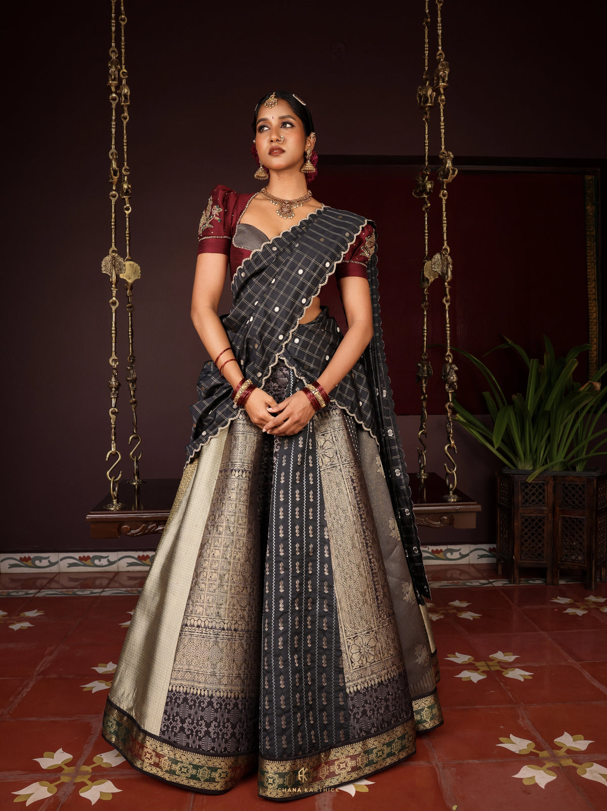 "Roja" - Black & Maroon Silk Half Saree