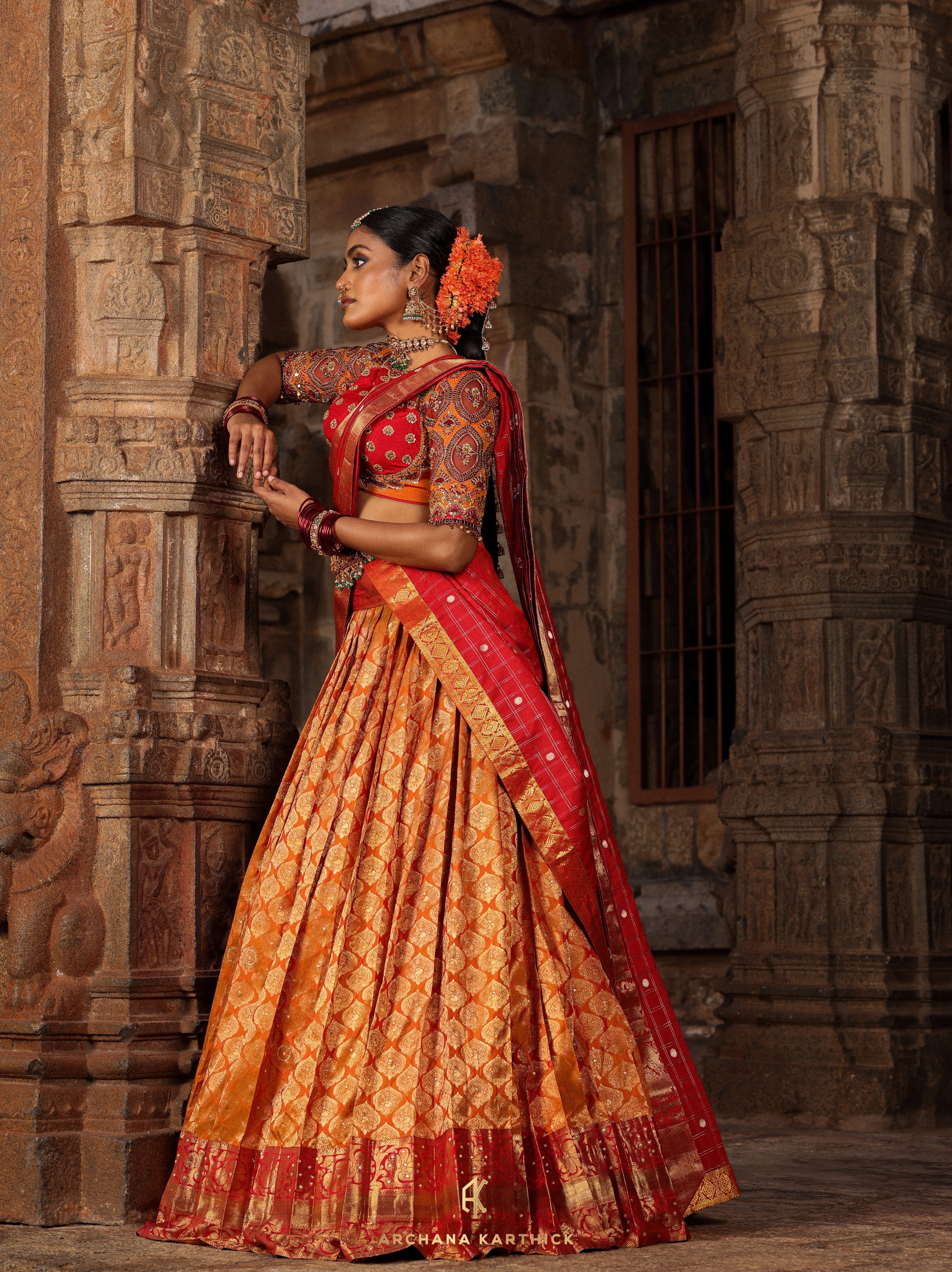 "Sembiyan Mahadevi" - Red, Mustard & Gold Kanjeevaram Silk Half Saree