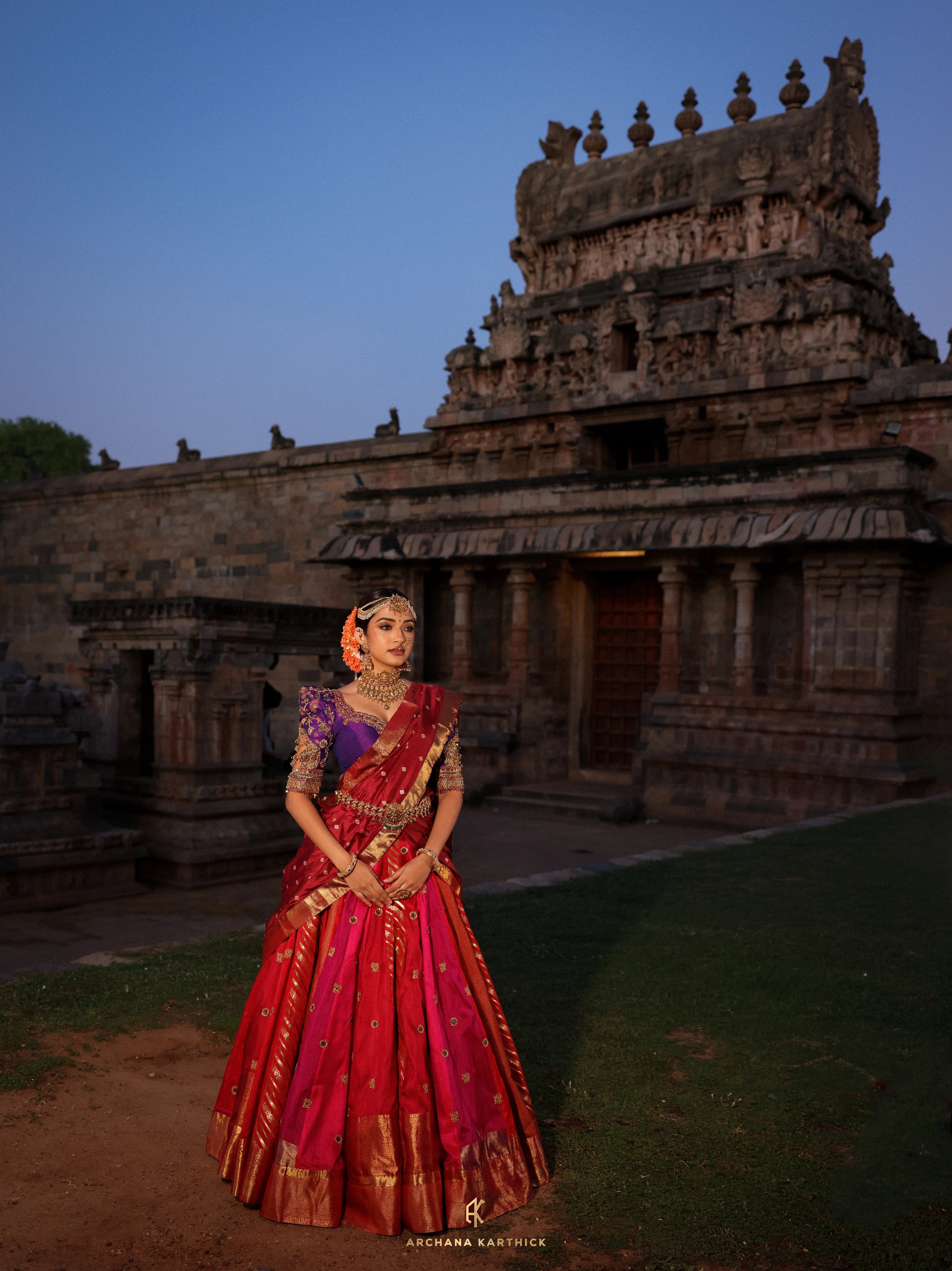 "Lokamahadevi" - Red, Purple & Maroon Kanjeevaram Silk Half Saree