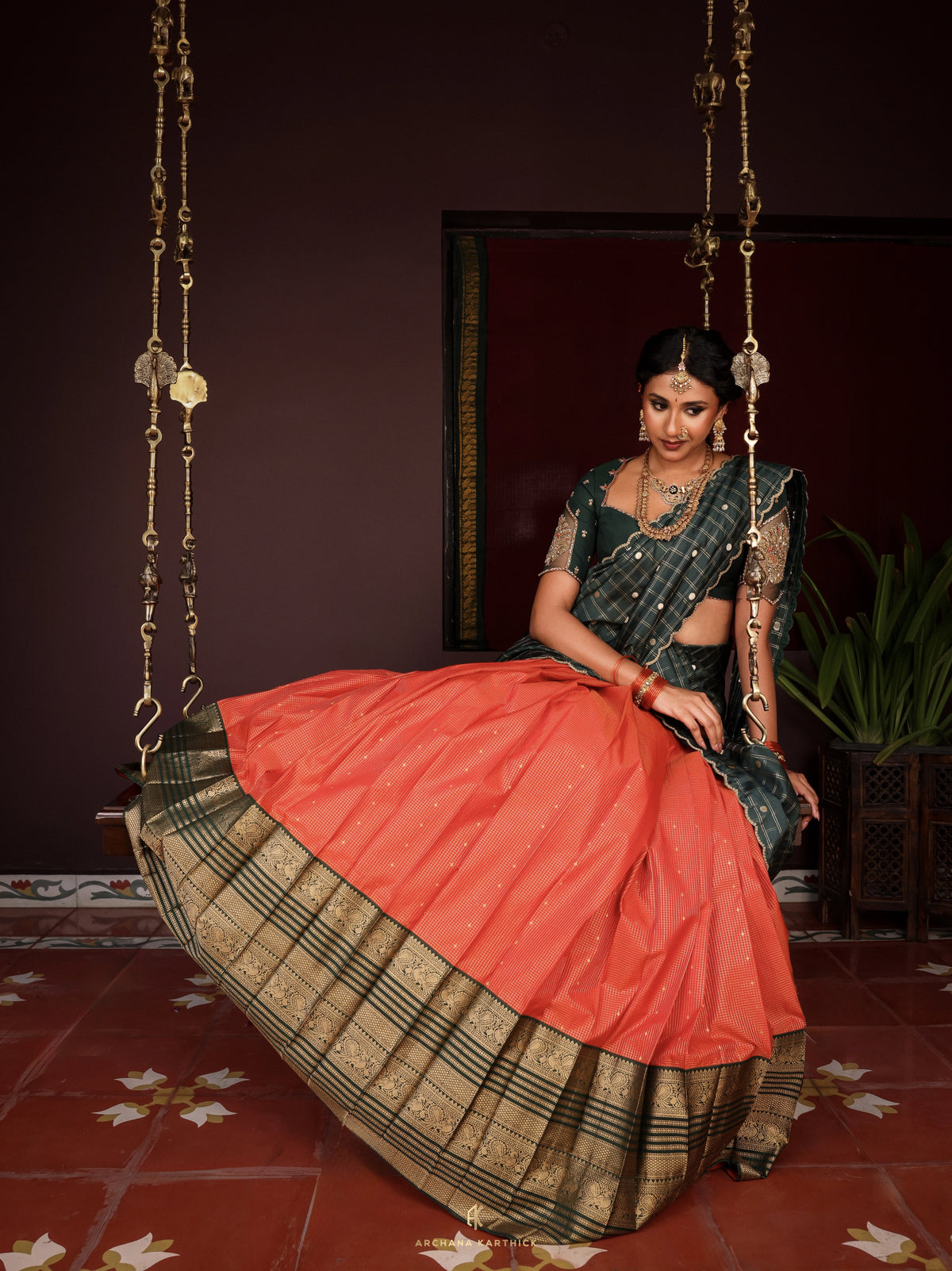 "Kanakambaram" - Green & Orange Half Saree