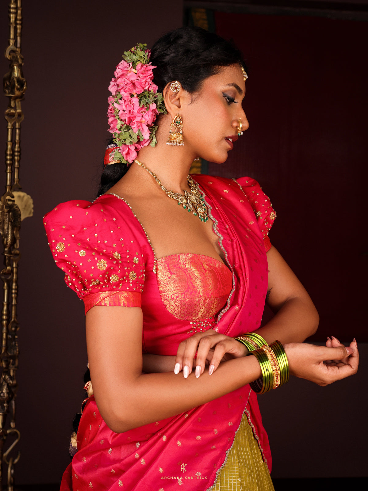 "Kadhambam" - Pink & Green Silk Half Saree