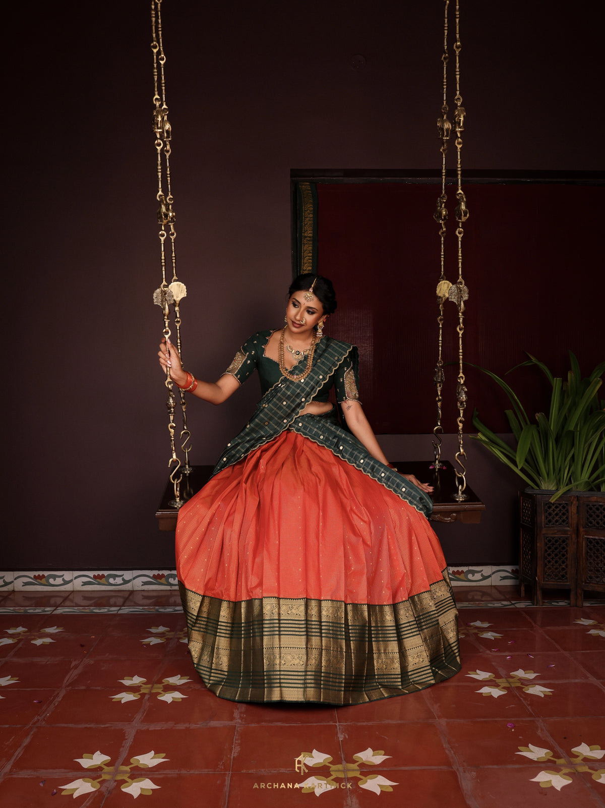 "Kanakambaram" - Green & Orange Half Saree