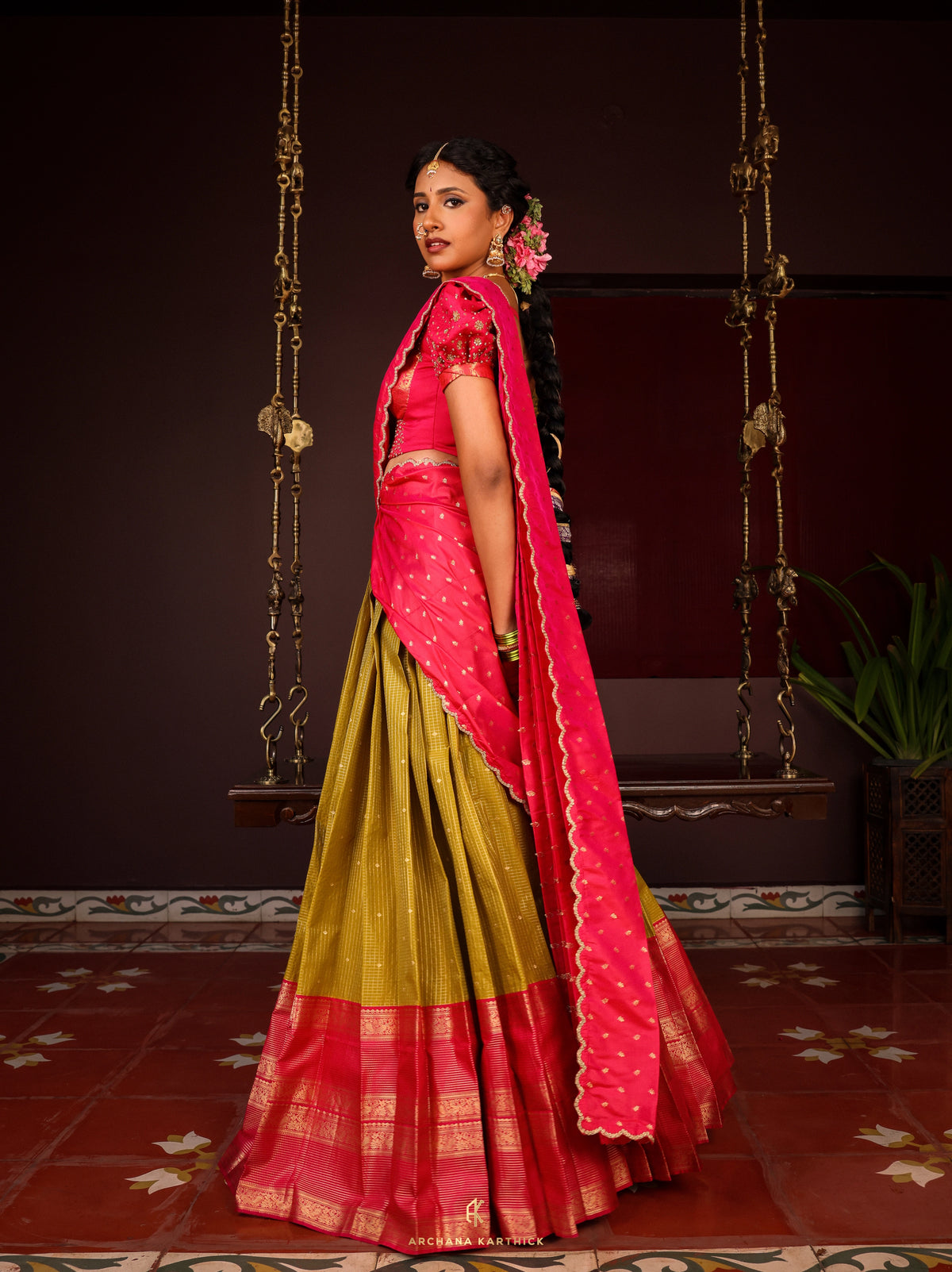 "Kadhambam" - Pink & Green Silk Half Saree