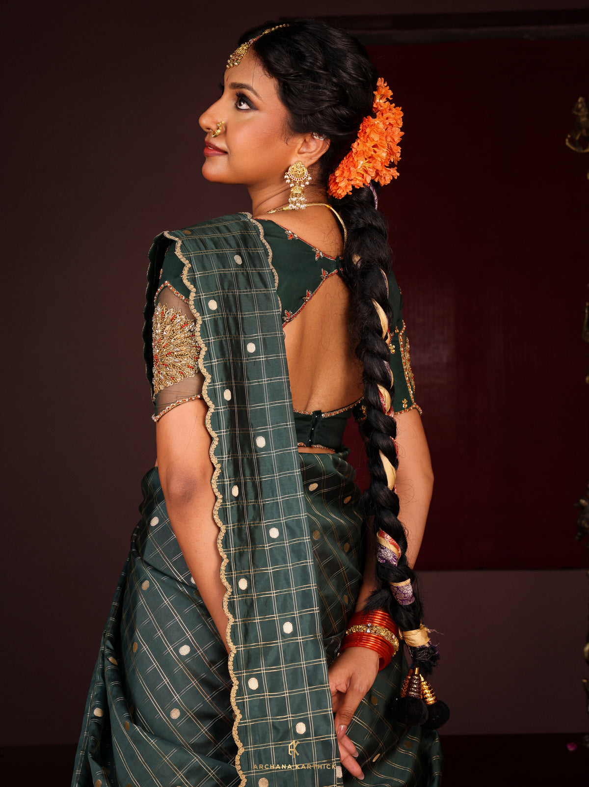 "Kanakambaram" - Green & Orange Half Saree