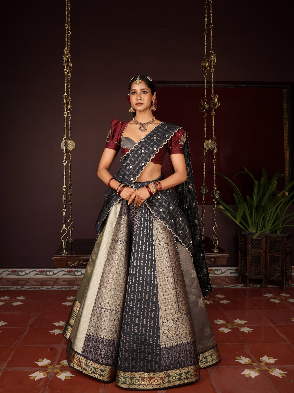 "Roja" - Black & Maroon Silk Half Saree