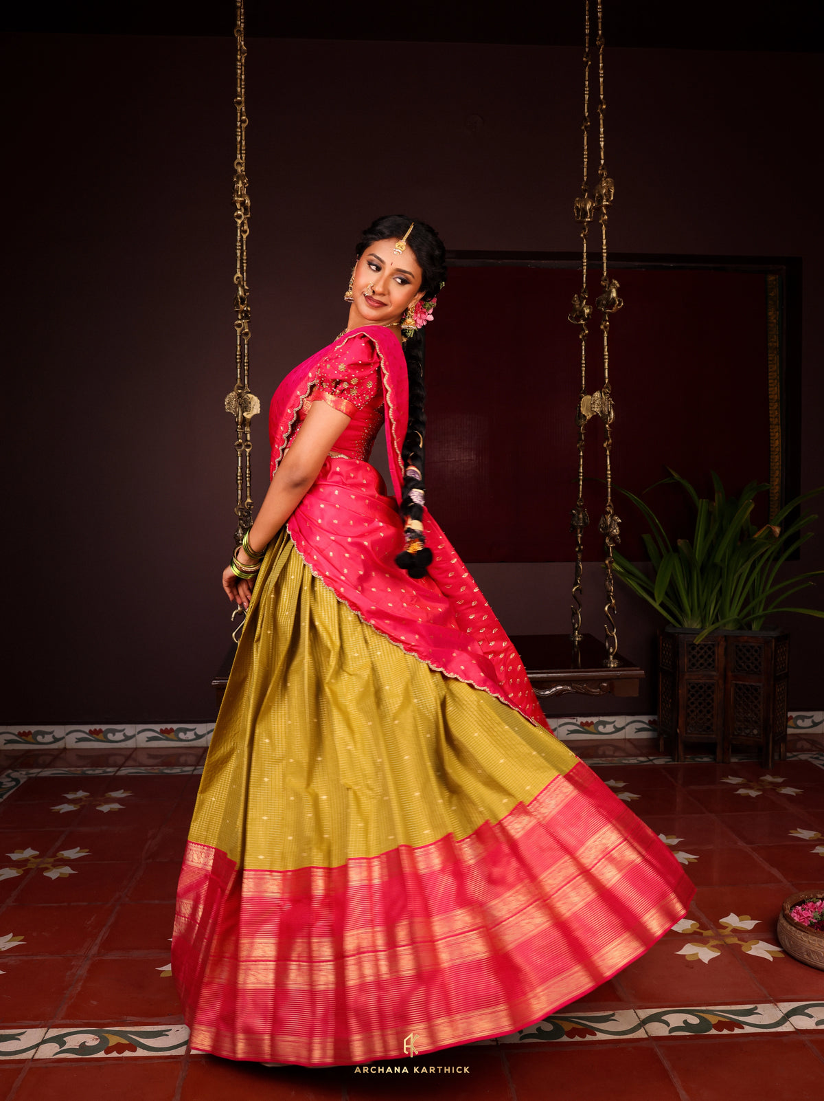 "Kadhambam" - Pink & Green Silk Half Saree